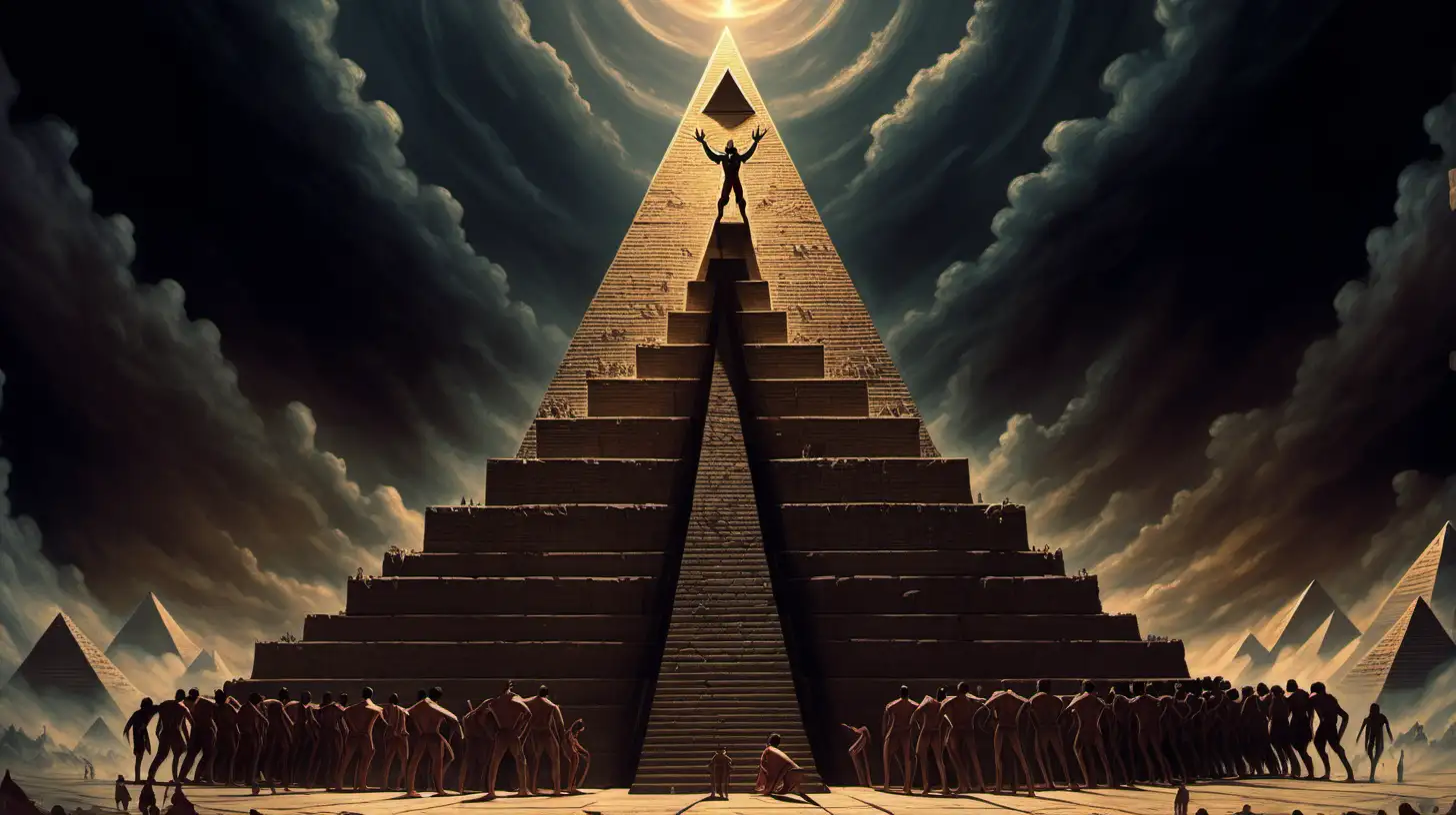 a demon standing on top of pyaramid and humans at the bottom of pyramid  are bowing down to him,keep the image as zoom out
