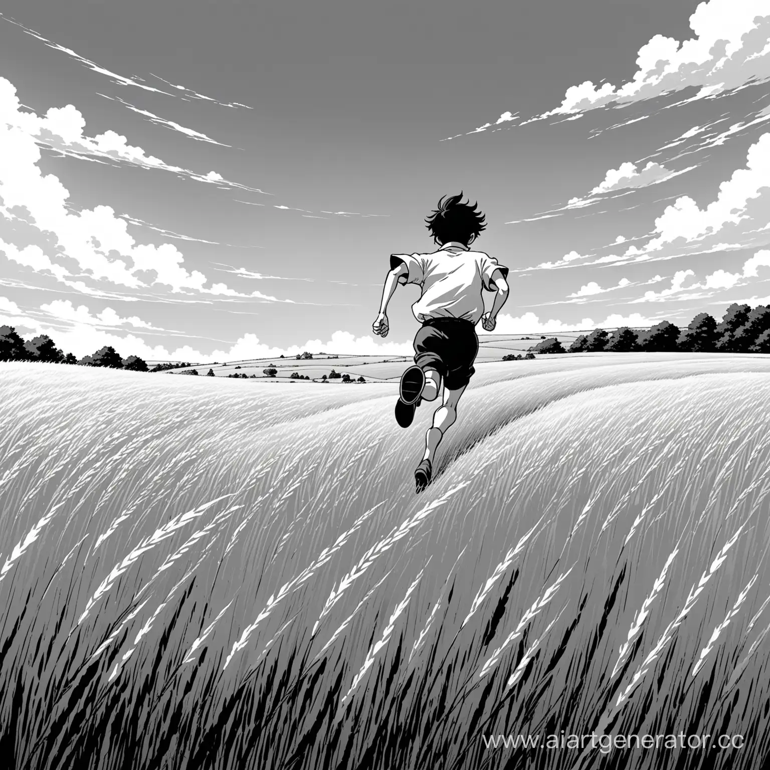 A black and white man runs against the wind across a field in the style of Studio Ghibli
