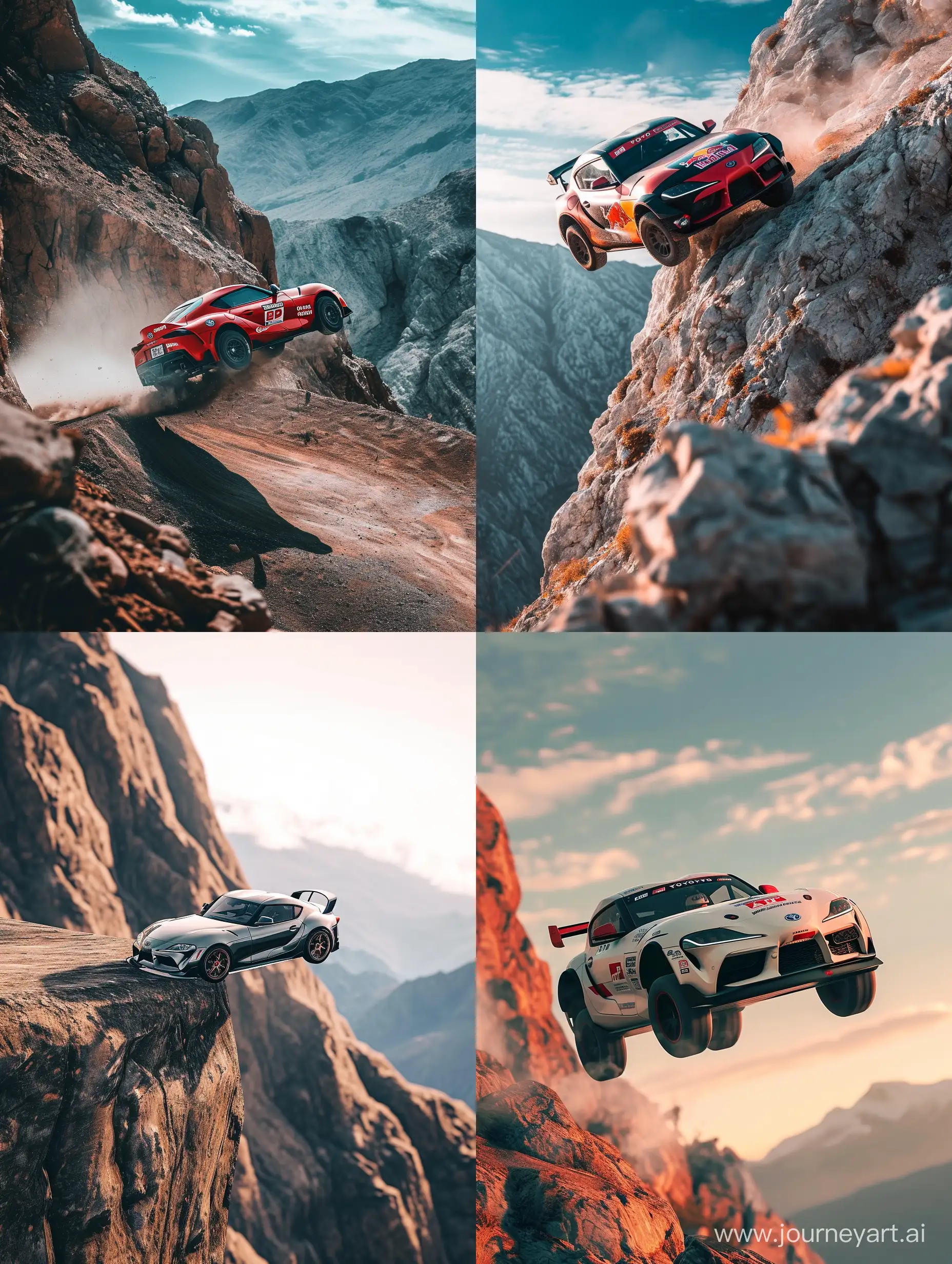 Toyota supra doing stunts in mountain. Midjourney style