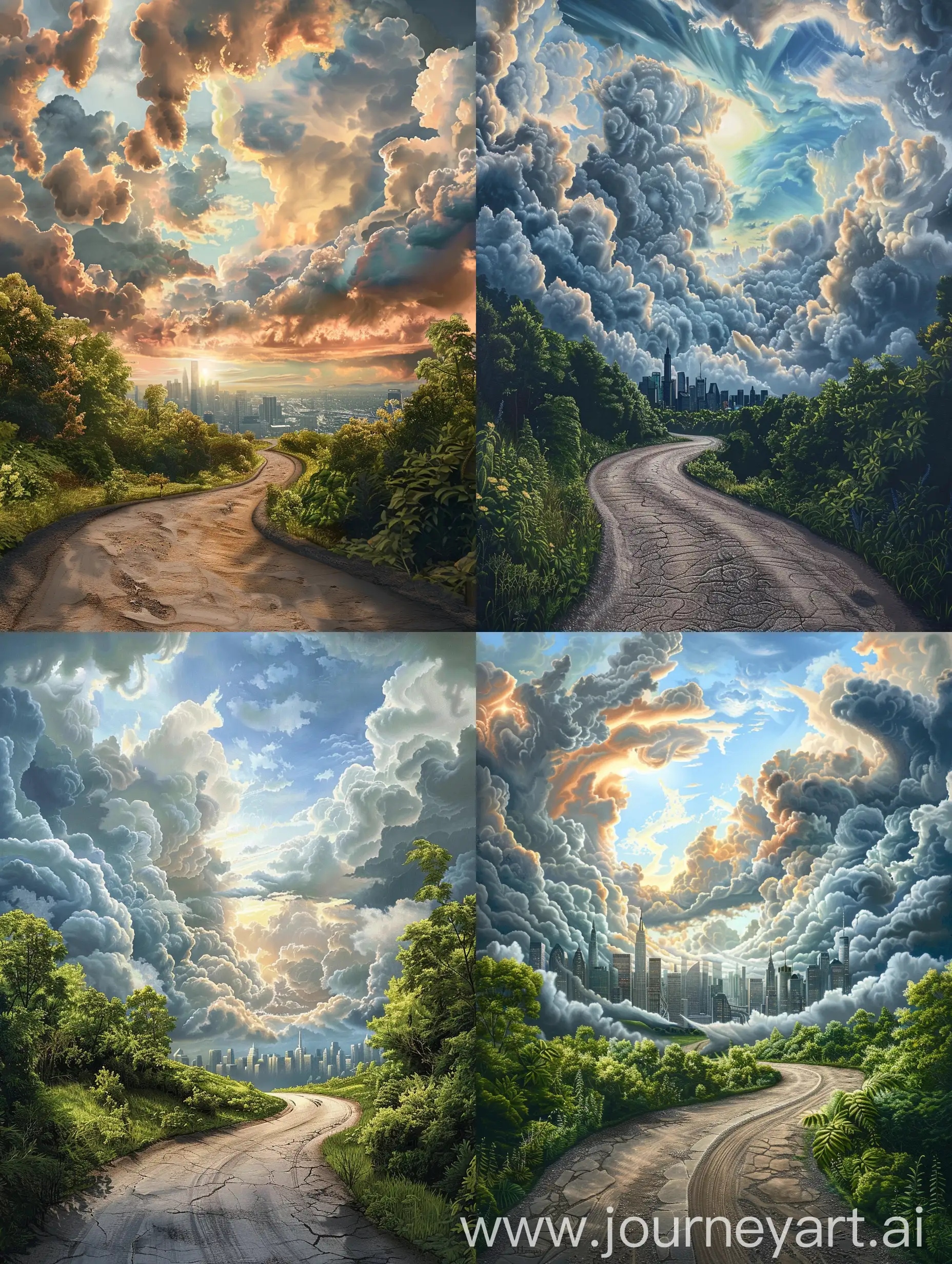 A photorealistic landscape painting with a winding road leading towards a city skyline under a dramatic, textured cloudscape. Capture the details of the rough road texture, the lush greenery along the sides, and the billowing clouds with patches of sunlight breaking through.