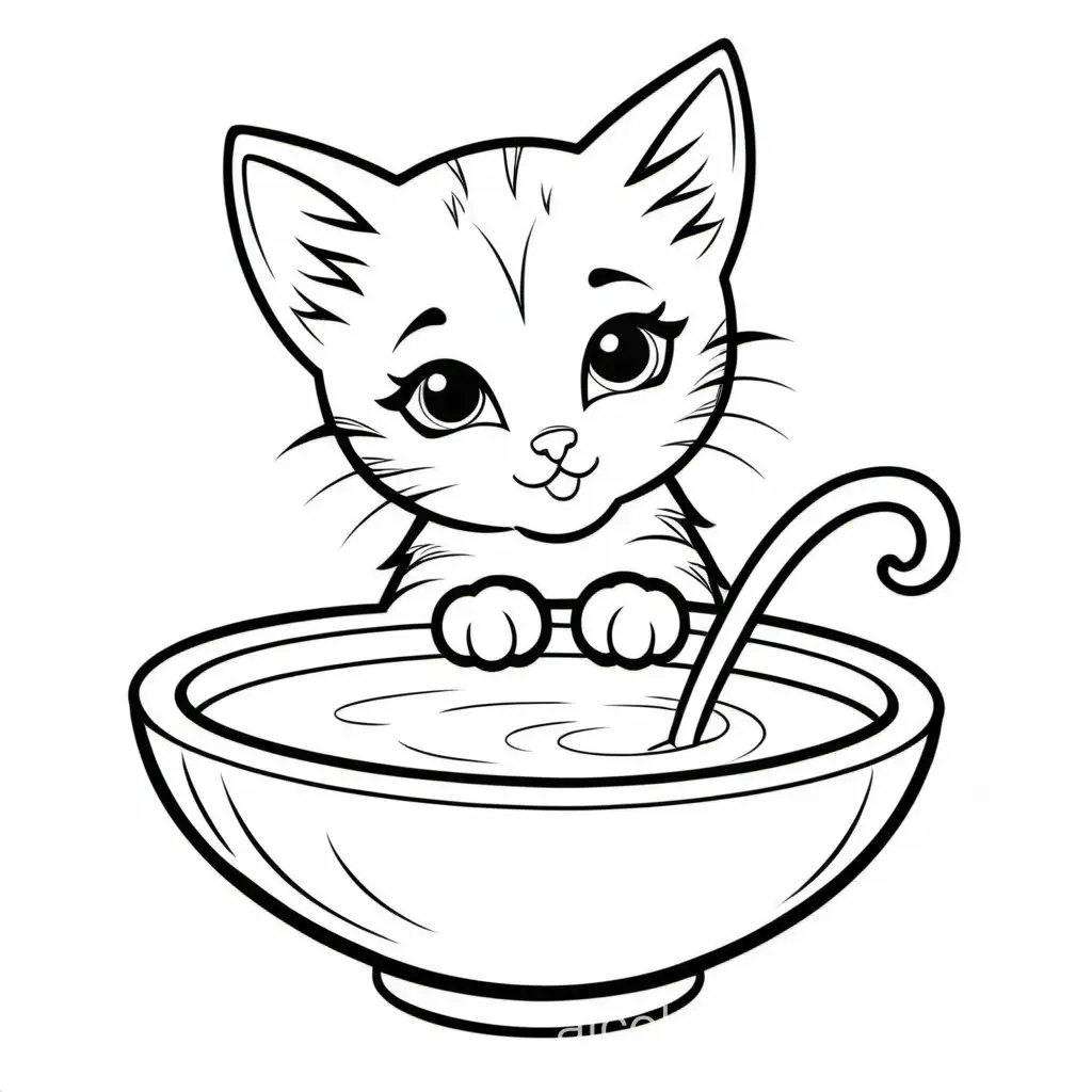 A kitten drinking milk from a bowl, Coloring Page, black and white, line art, white background, Simplicity, Ample White Space. The background of the coloring page is plain white to make it easy for young children to color within the lines. The outlines of all the subjects are easy to distinguish, making it simple for kids to color without too much difficulty