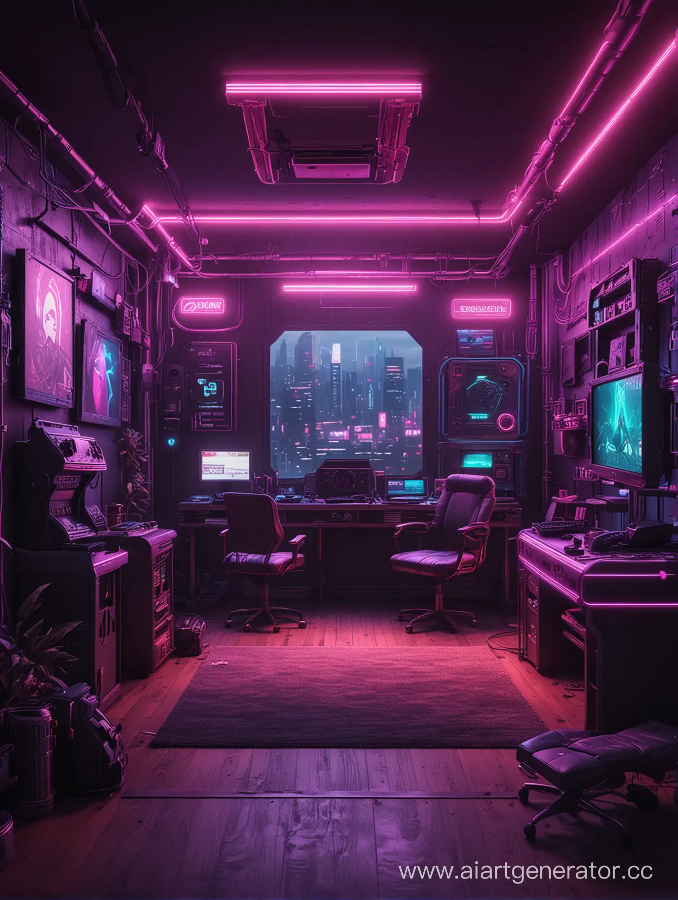 Gaming room in cyberpunk style neon