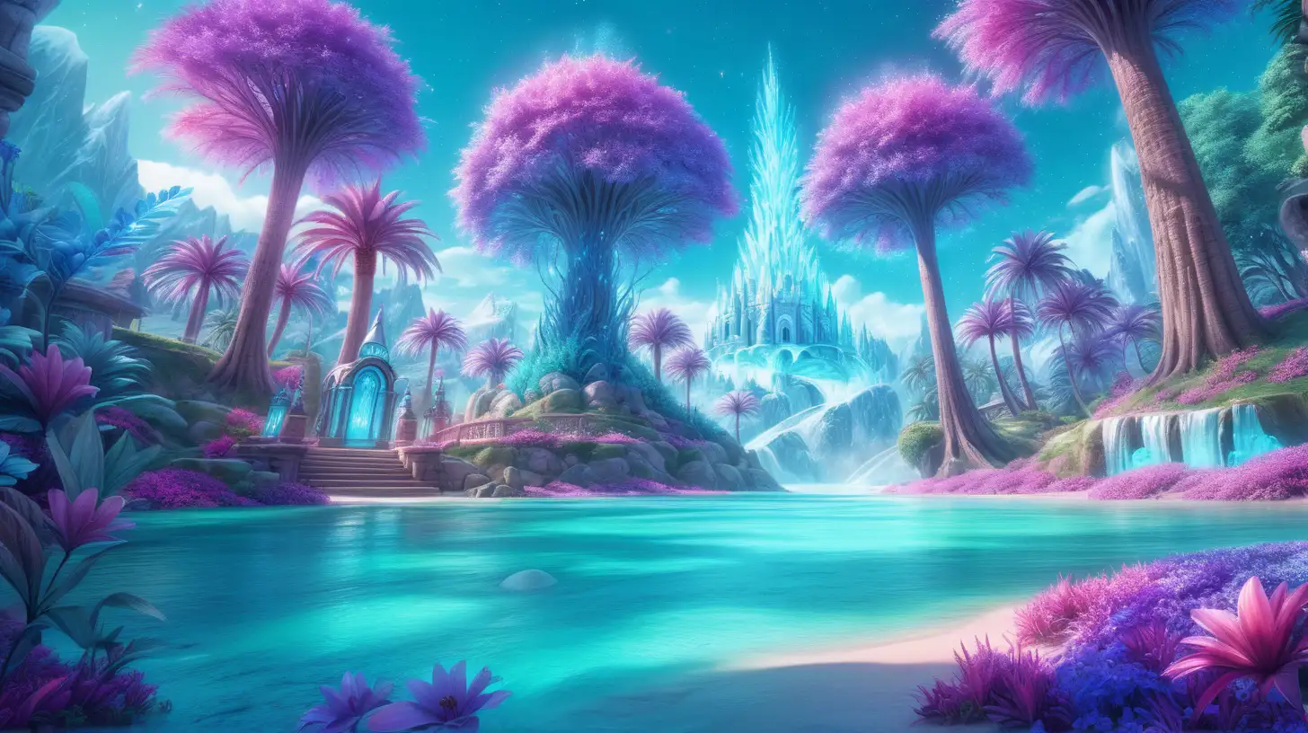 Forest of Bright royal-green and blue big, flower trees, purple, pink surrounded in turquoise dust. Bright-blue-river. Daylight, 8k, fairytale palm trees, glowing. Magical, fantasy and potions and fireplace and florescent ice and bookshelf