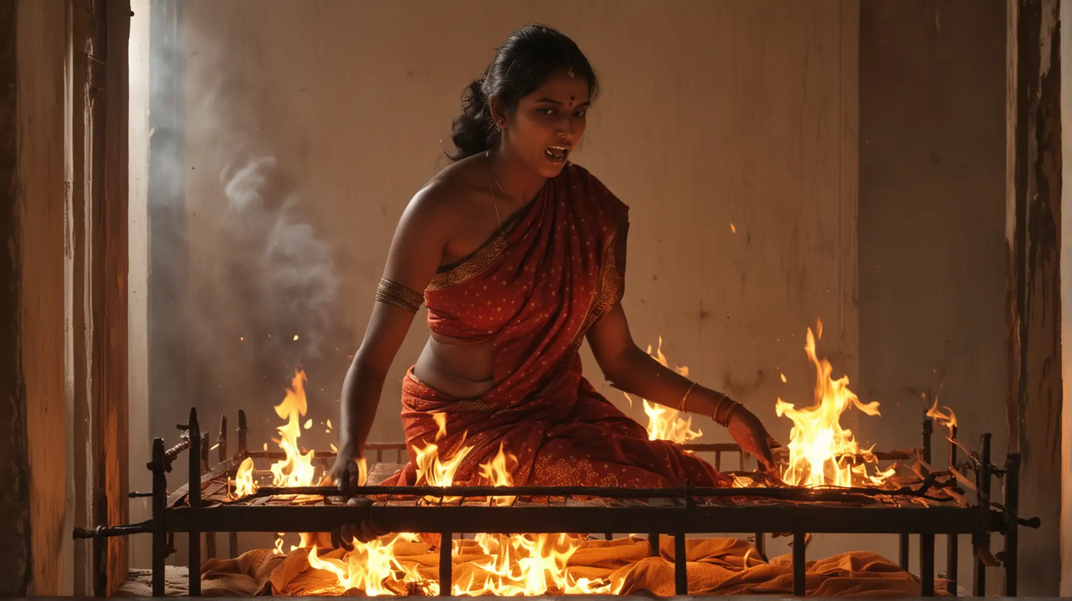 south Indian woman burning in flames in a temple room on a cot