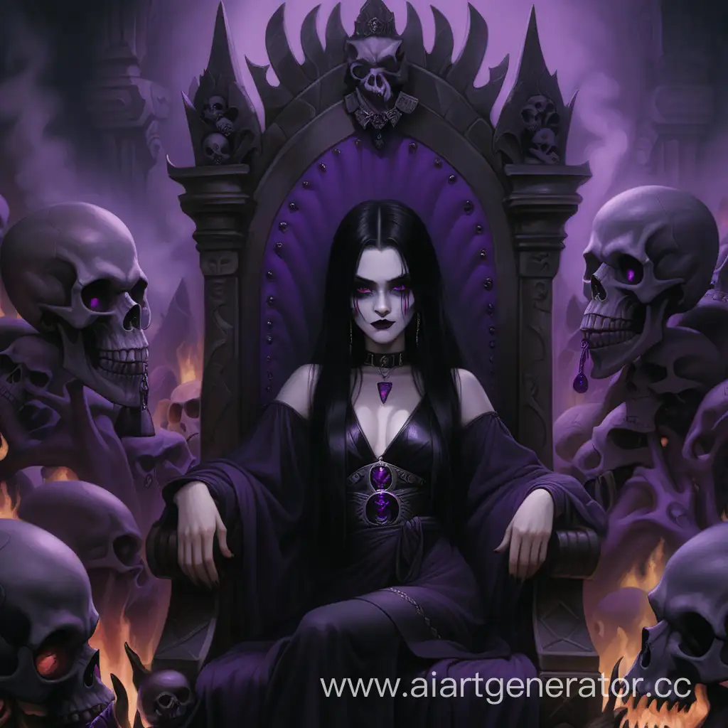 Girl with purple eyes, long and abyss-black hair with purple tips, sits on a throne of skulls with dimly burning purple eye sockets, black fog is visible behind her, dressed in a loose dark robe, black lipstick and a snide imperious smile