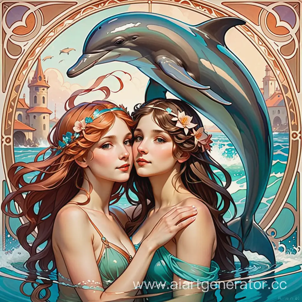 Art-Nouveau-Painting-Two-Figures-Embracing-with-a-Dolphin