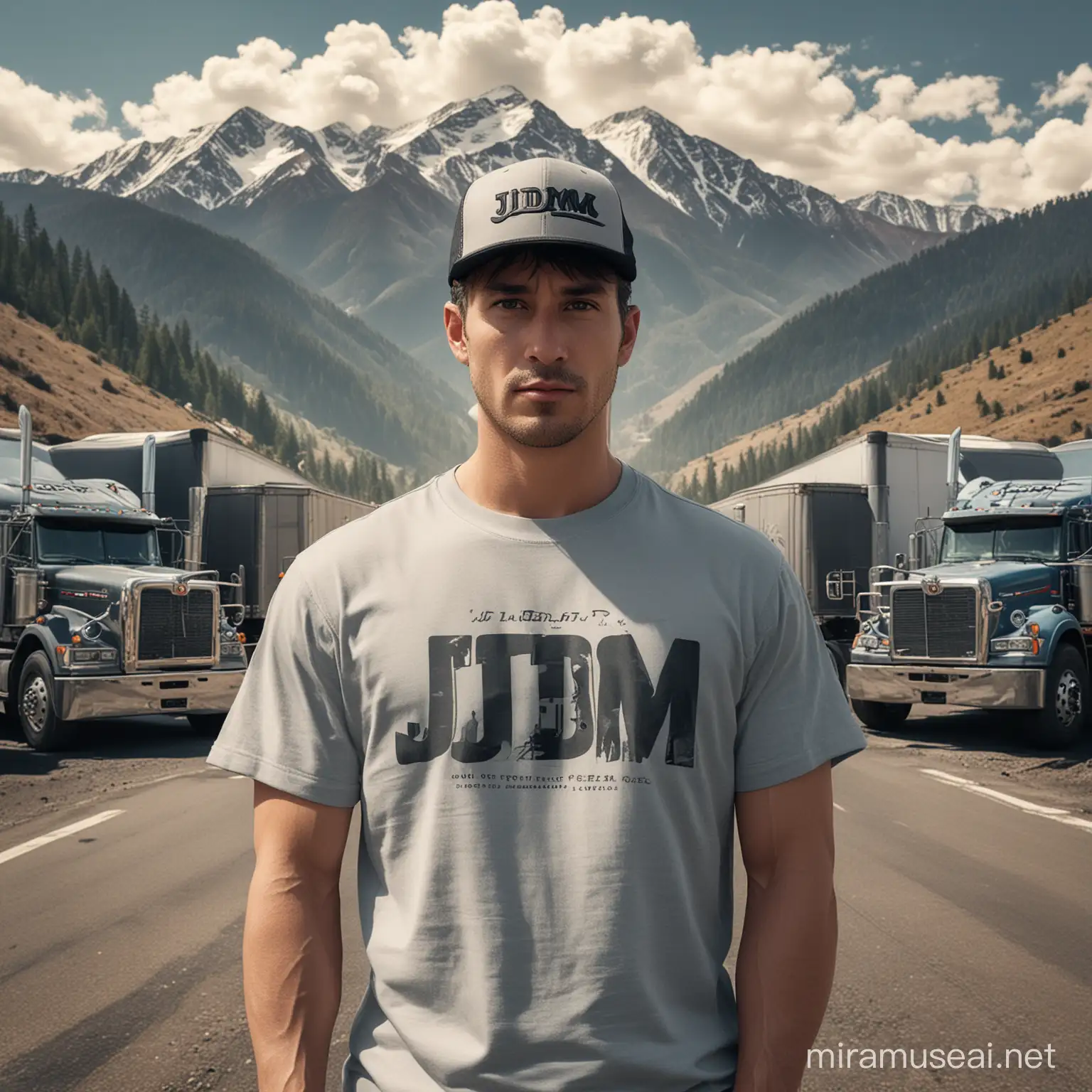 Cтоит драйвер в центре в форме с кепкой на рубашке и на кепке надпись "JDM" и сзади два semi truck и ,фон горы и облака. стилистика raw photo highly detailed