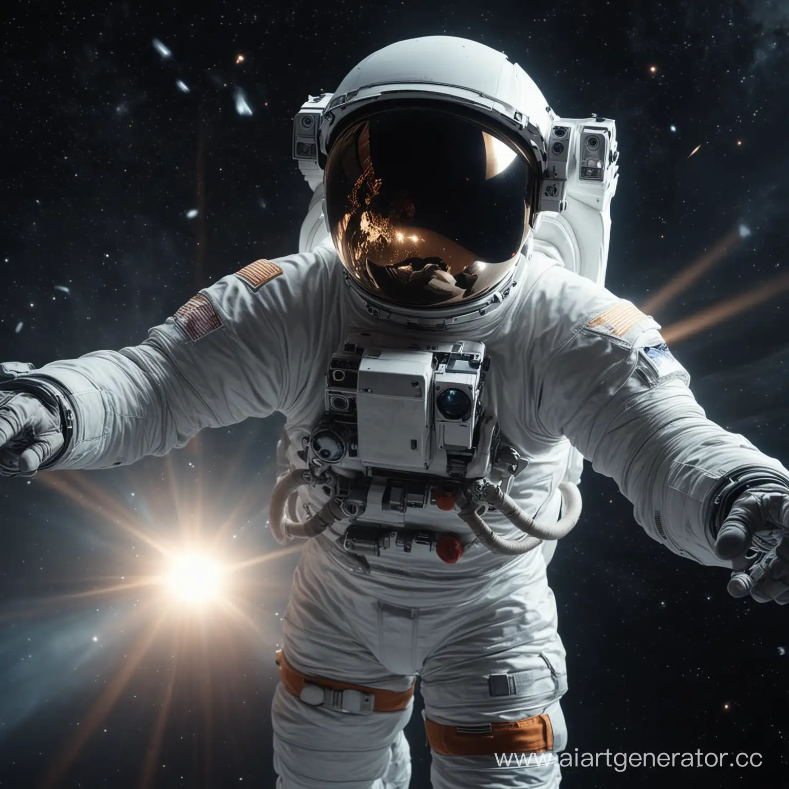 космонавт летит в шлеме протягивая руку. 4k картинка яркая красивая свет падает на космонавта 
