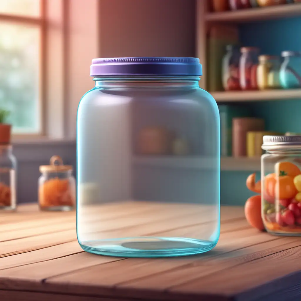 Create a 3D illustrator of an animated transparent empty jar on the table, Blur and spirited background illustrations. 