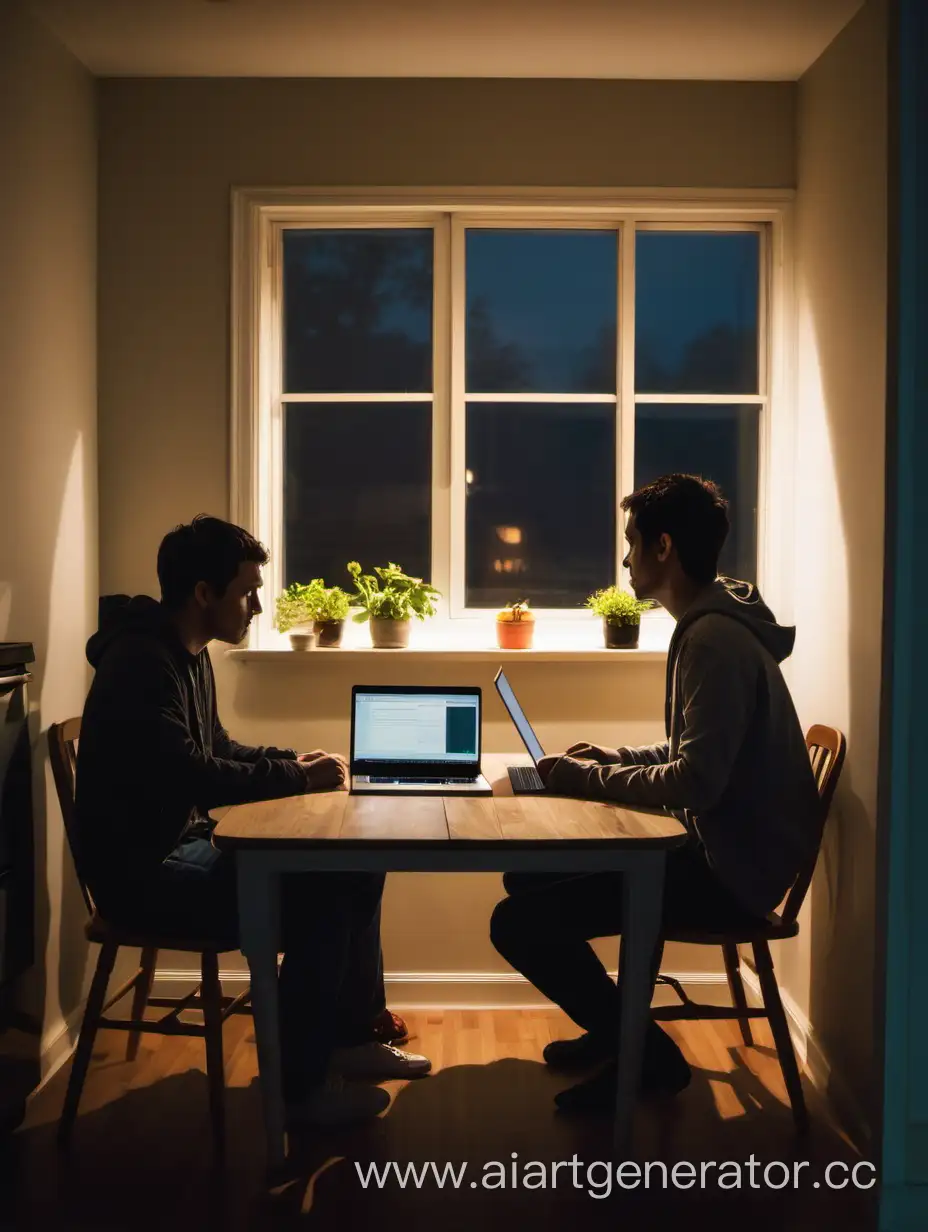  2 человека сидят на кухне на против друг друга за столом, вечером, у окна, в комнате темно , один из них смотрит в ноутбук, а другой человек на него, свет от ноутбука