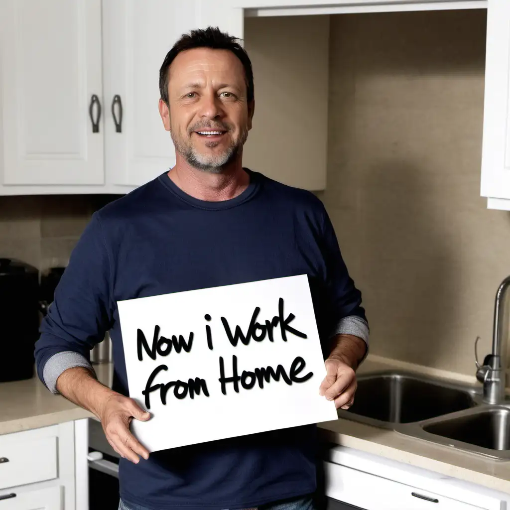 A 45 year old man. He is standing in a flash kitchen in casual clothes. He is holding a hand written sign that reads "Now I work from home."