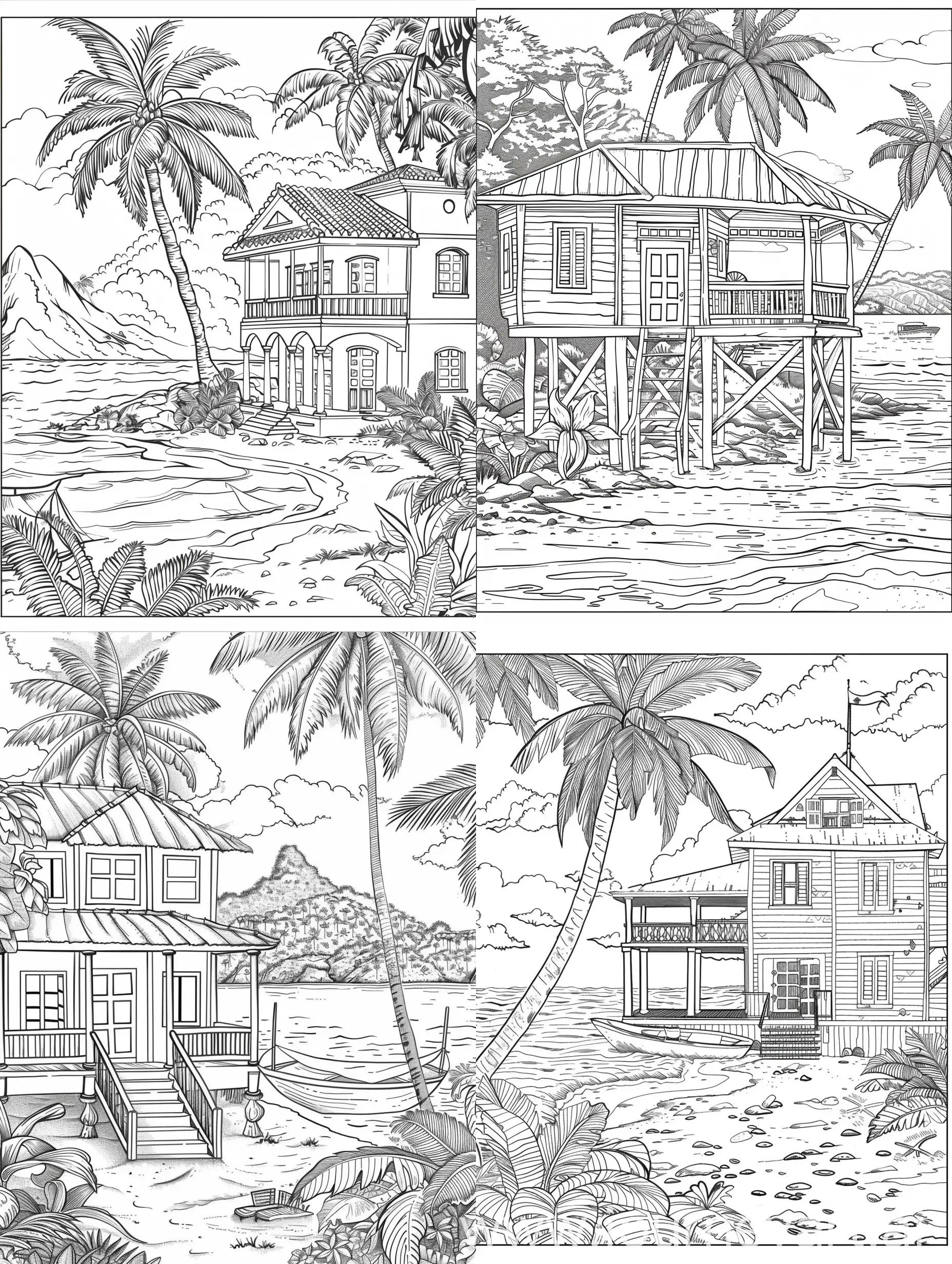 coloring book page, Colonial-Era Caribbean Port Town, house on beach , Black and white, white background