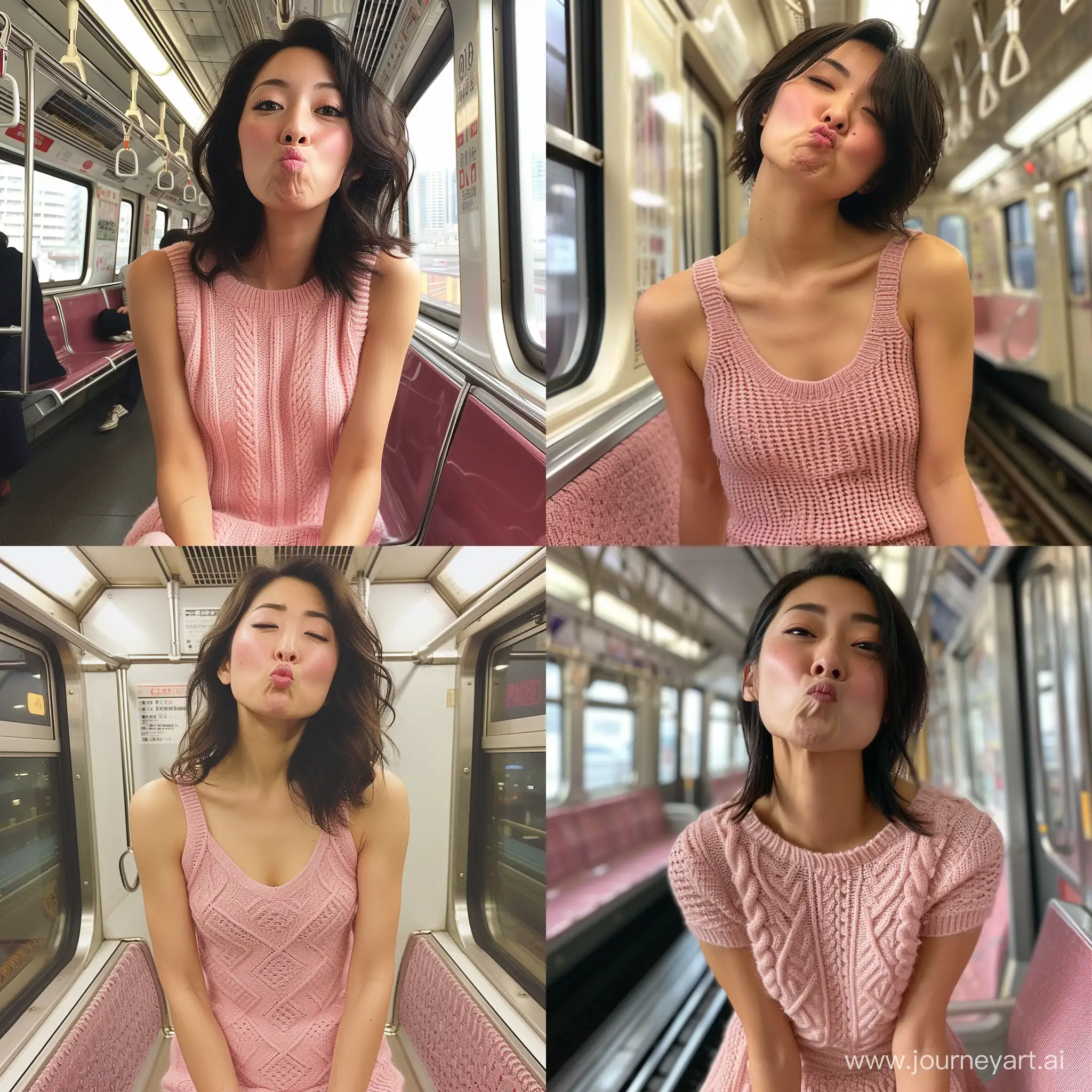 美しい日本人女性が地下鉄で、鼻を押し上げた変顔をしている。ピンクのニットワンピースを着ている。