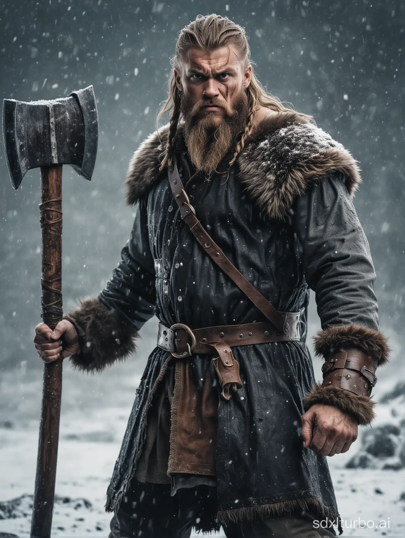 un guerrero vikingo, con las manos sosteniendo un hacha de doble filo, ((expresion facial de seriedad con mal humor)), ((invierno)), pelo efecto mojado, ((imagen de cuepo completo, vista de un angulo inferior))