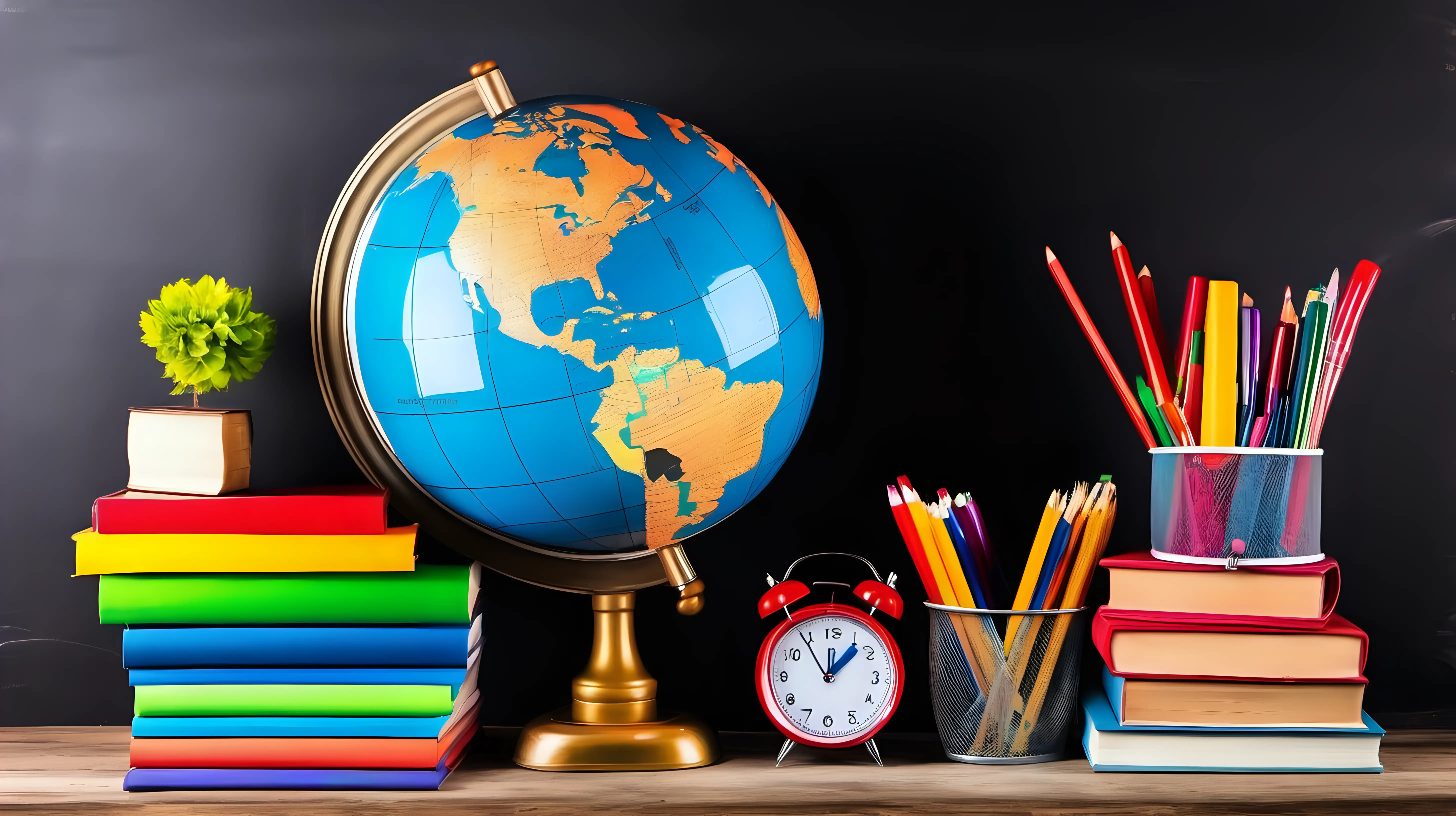 Earth Globe, Books, Notebooks, Colorful Stationery. Education and School Supplies. Blackboard Chalkboard Background for Learning. Stack of Books and Essentials on Wooden Table