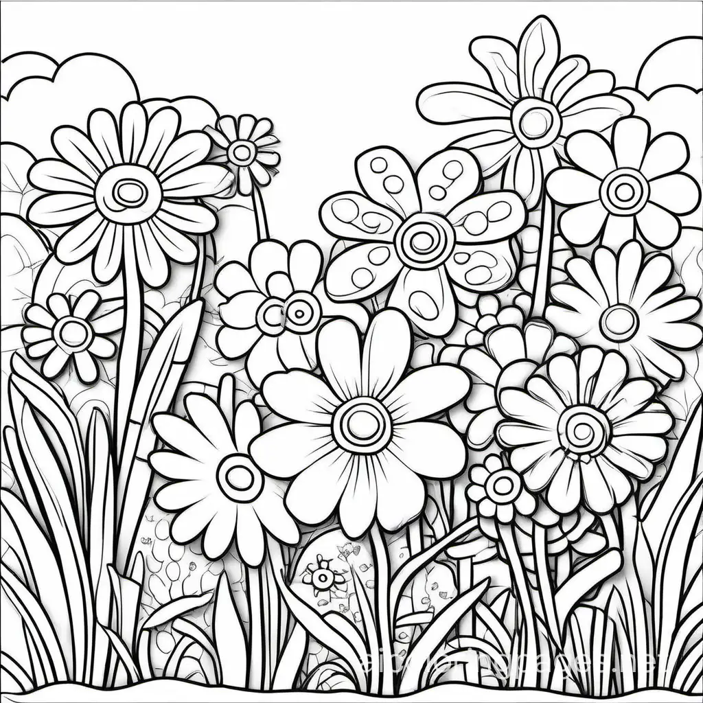 happy friendly playful SPRING FLOWER GARDEN coloring book page for kids, Coloring Page, black and white, line art, white background, Simplicity, Ample White Space. The background of the coloring page is plain white to make it easy for young children to color within the lines. The outlines of all the subjects are easy to distinguish, making it simple for kids to color without too much difficulty. Ages 6-11, Coloring Page, black and white, line art, white background, Simplicity, Ample White Space. The background of the coloring page is plain white to make it easy for young children to color within the lines. The outlines of all the subjects are easy to distinguish, making it simple for kids to color without too much difficulty