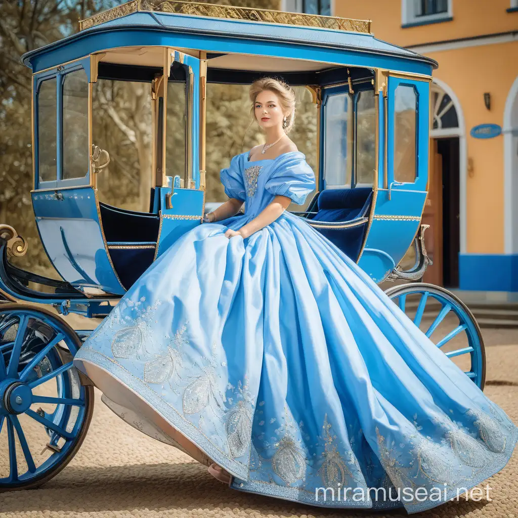 a beautiful lady in a cambric dress gets out of a blue carriage