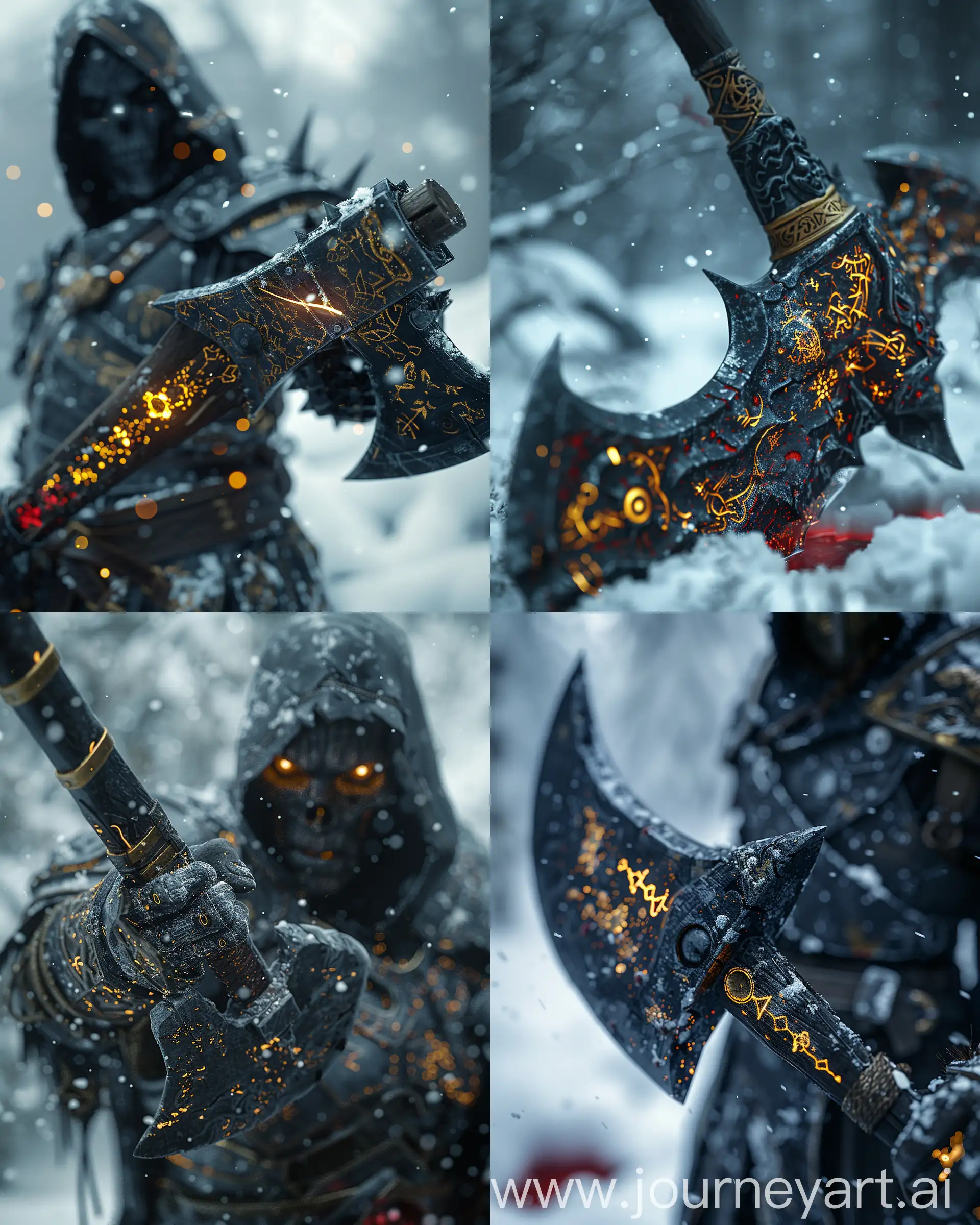 "CLOSE UP on the axe tip, zoomed on axe tip, blurred background and character, of dark fantasy vintage full body undead knight wielding a black-runed axe, black and gold selective colors, glowing rune, pointing a glowing gold-runed axe at you, axe with red lurking liquid, under the snow, photography sceneric view, a masterpiece, by Alberto Seveso, breathtaking intricate details, realistic and lifelike cgi diorama, dramatic natural lighting, reflective catchlight, high quality CGI VFX" --s 750 --ar 4:5