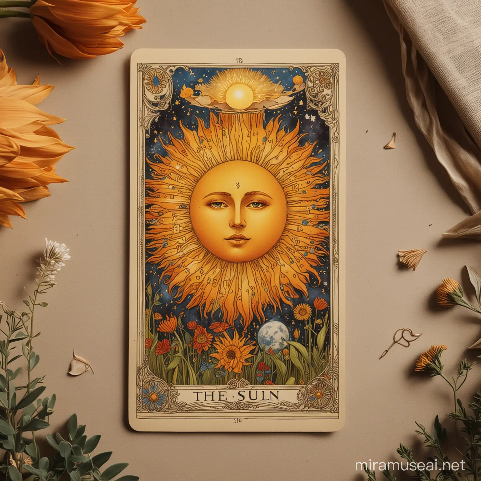 imagen del arcano "el sol" del tarot y números flotando en el ambiente con estilo artistico y mistico. Usando un numero 1 para representar a este arcano.