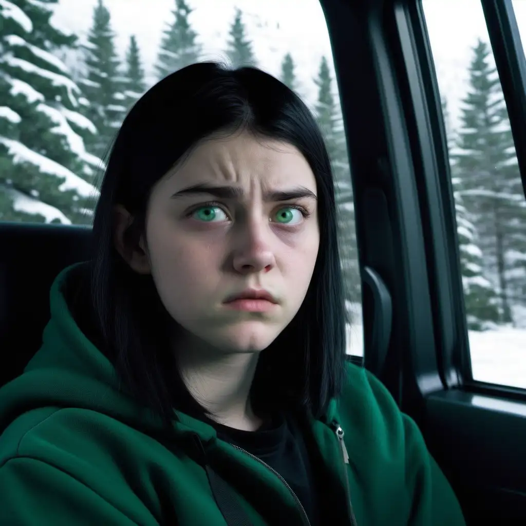 A white 16 year old girl with shoulder length straight black hair and green eyes wearing dark clothes and riding in a passengers seat in a car looking out the window and seeing pine trees and snowy mountains, appears bored and sad
