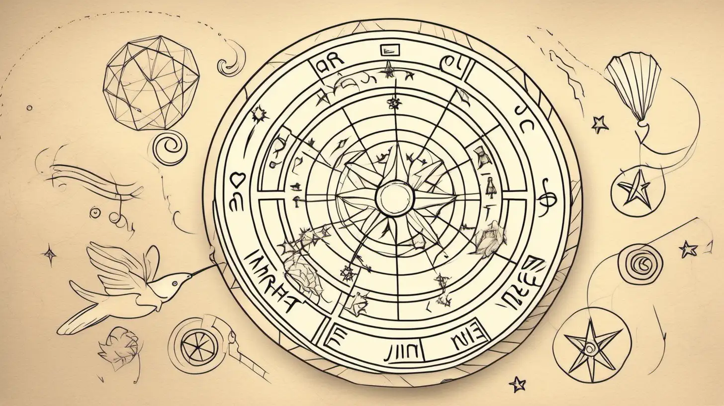 Draw An astrological wheel with  a few  gift box flying around it. Loose lines. Muted color, add a note and write on it " astrolojide hediye vermek"