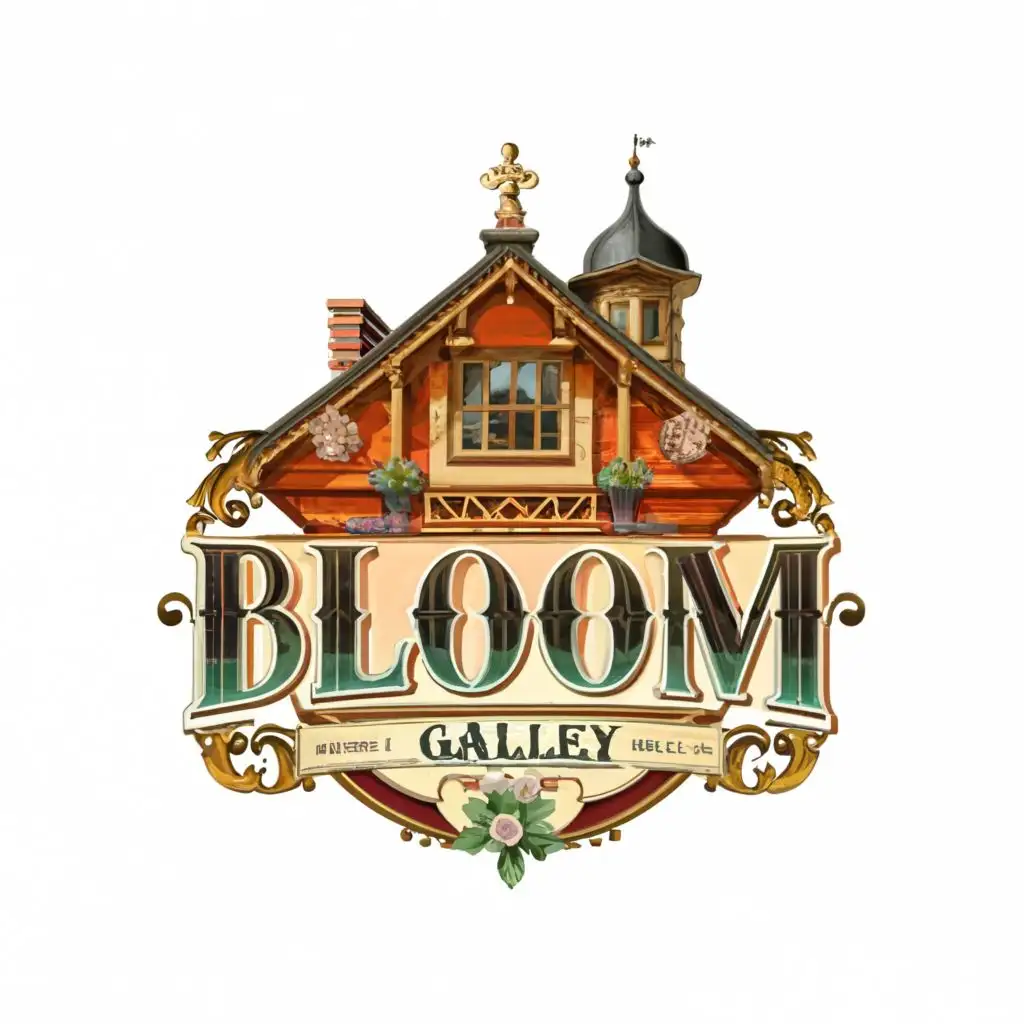 logo, art gallery, bloom, blooming, old house, merchant's house, revival, art, creativity, exhibition, exposition, attic, painting, smart, cuckoo clock, logo, with the text "bloom gallery", typography