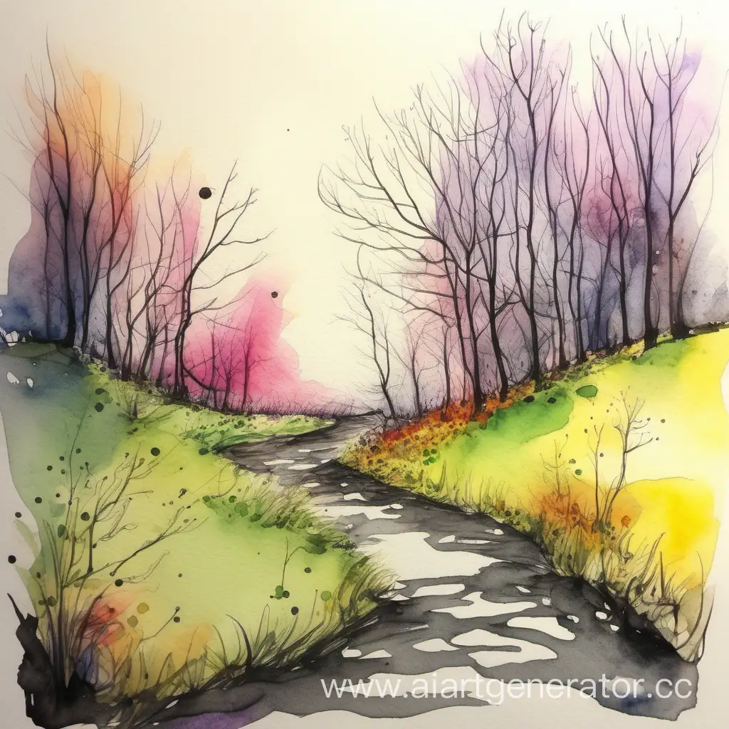 Vibrant-Ink-and-Watercolor-Painting-of-Enthusiastic-Spring-Nature