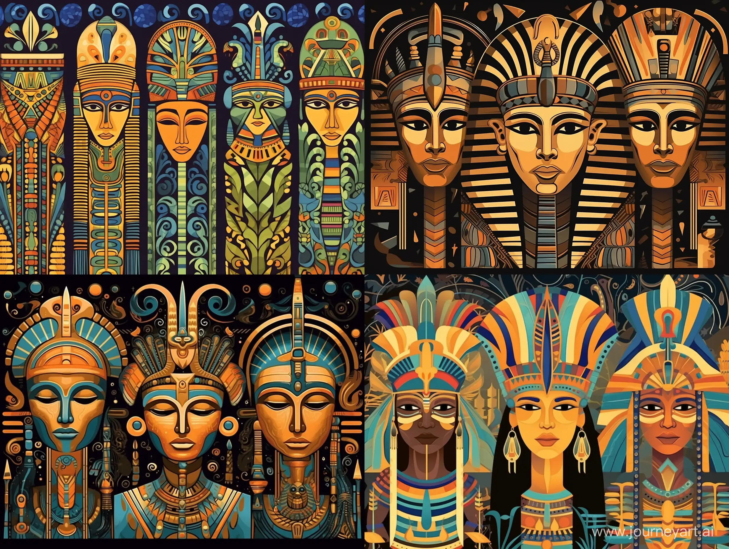 Four variants Ancient Egypt, ancient civilization, against the background of the pattern of the ancient city of Memphis, fabulous illustration, stylized caricature, Victor Ngai, watercolor, decorative, flat drawing.