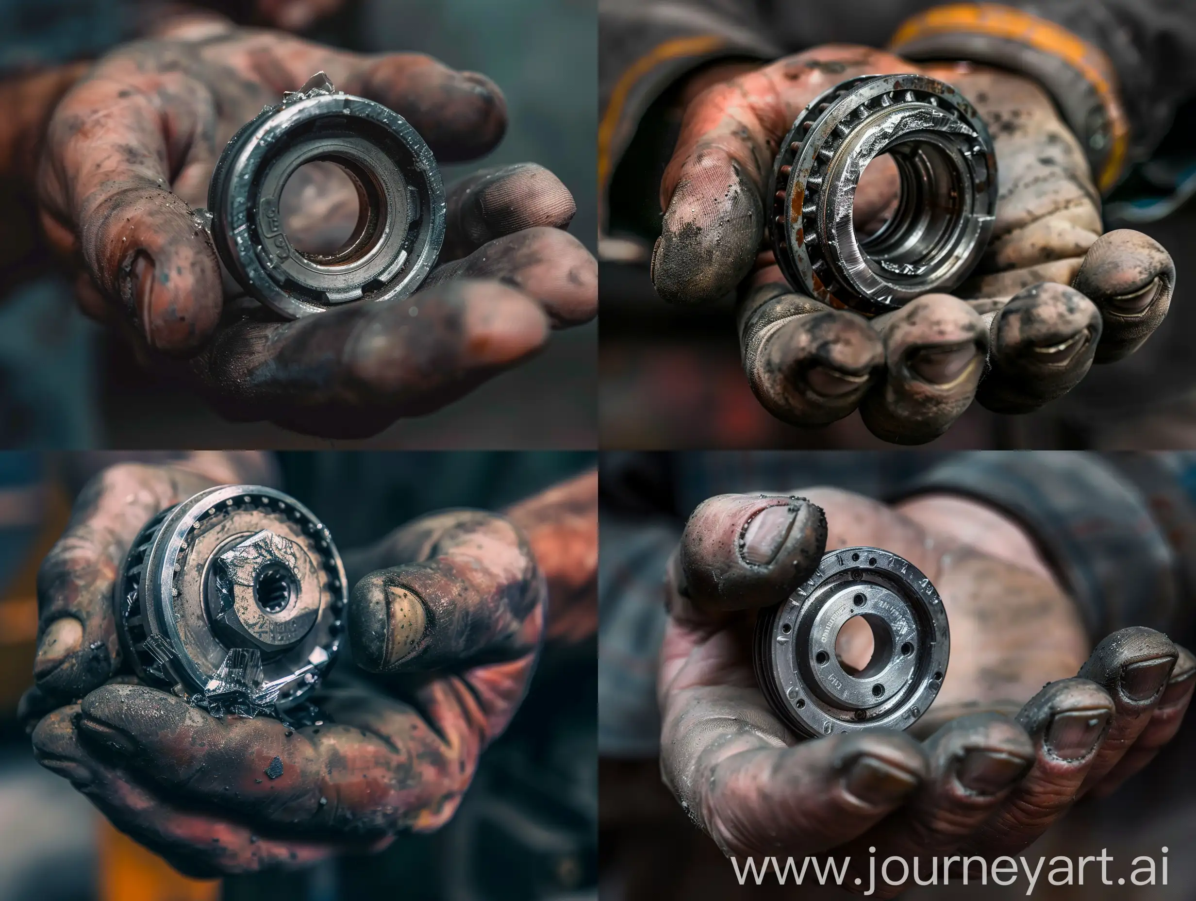 broken ball bearing in the hand of a mechanic, reality