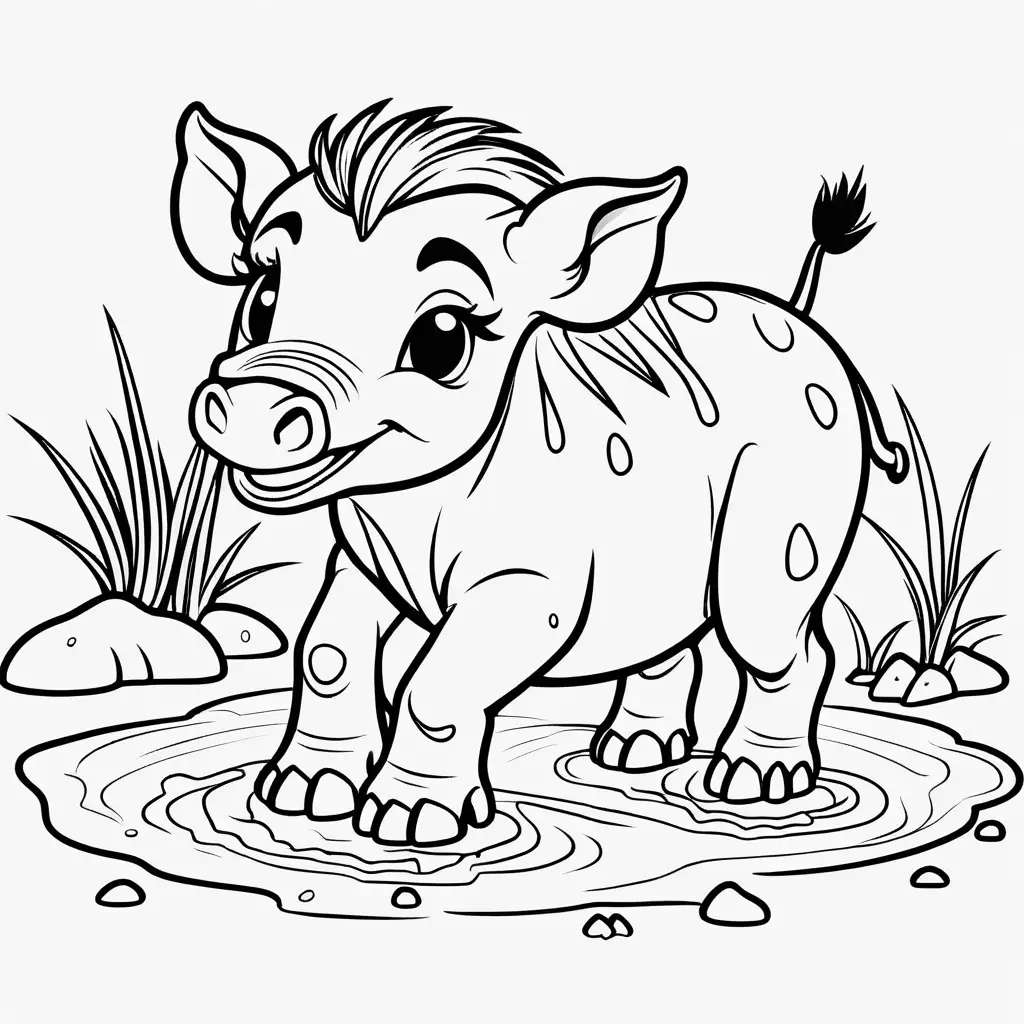 coloring book page outline, outline of a kawaii style cute and adorable baby warthog rolling in the mud



