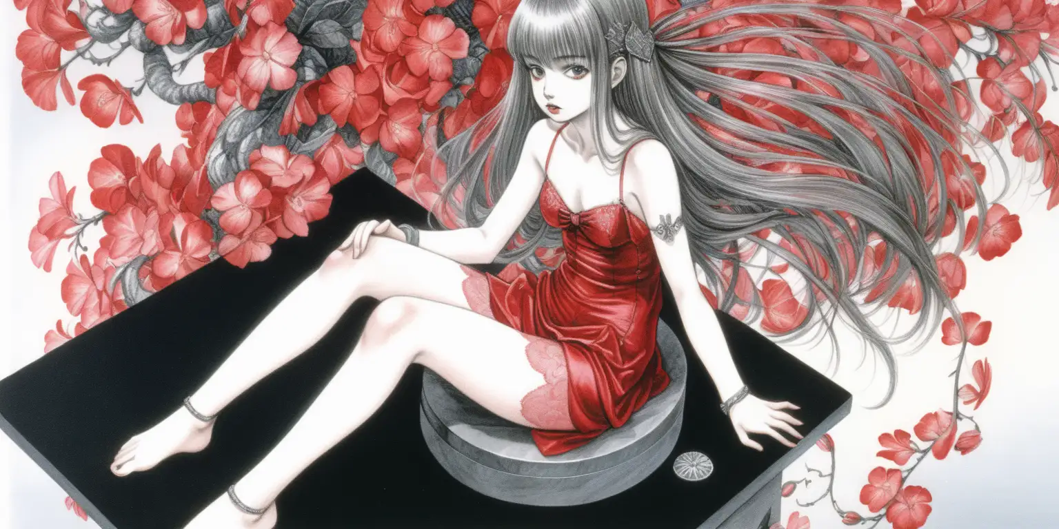Spooky Fantasy Artwork Yoshitaka Amano and Takeshi Obata Inspired Girl with Begonias in a Black Lagoon