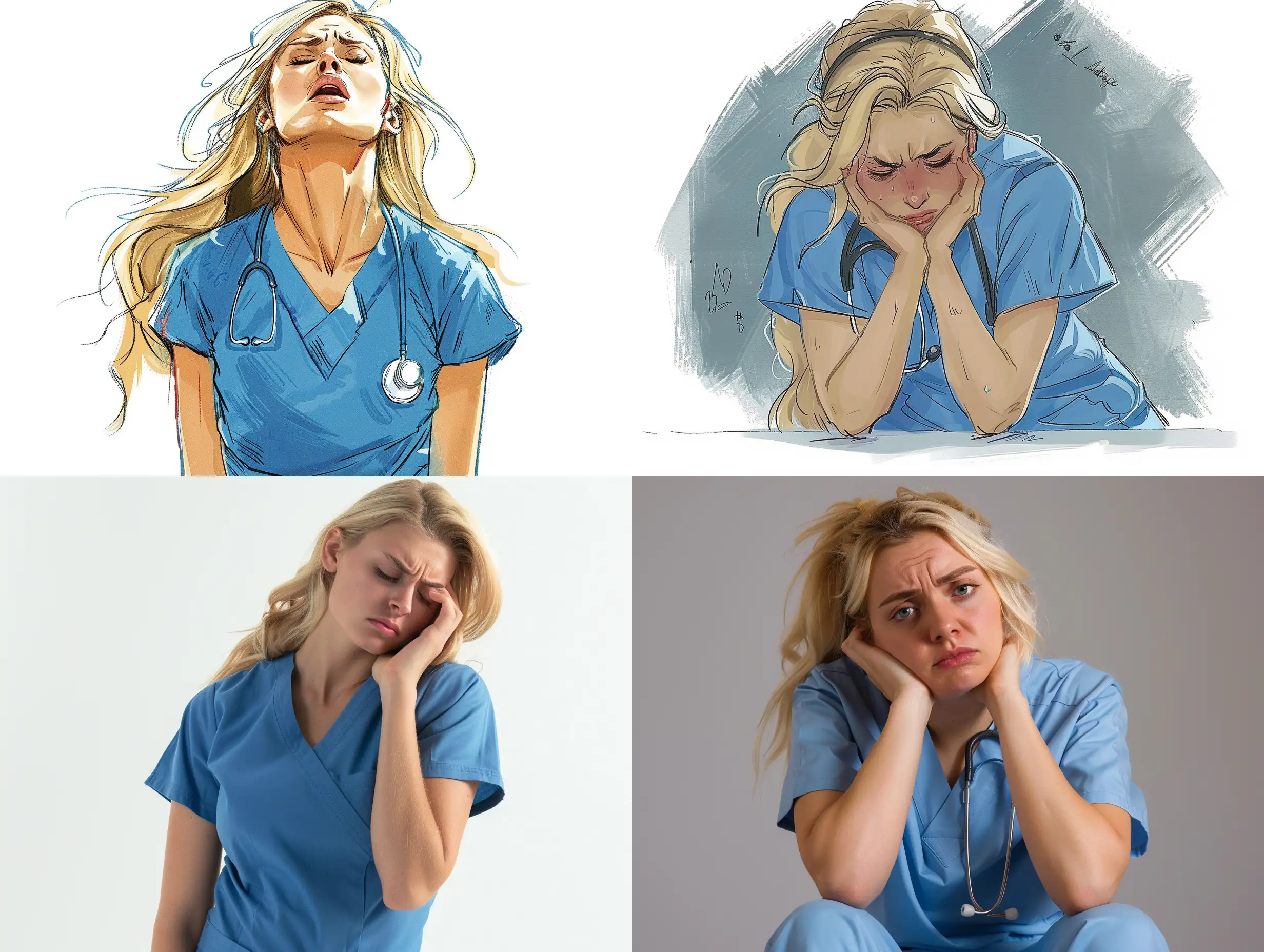 Exhausted blonde nurse in blue scrubs. Style: Alberto Vargas