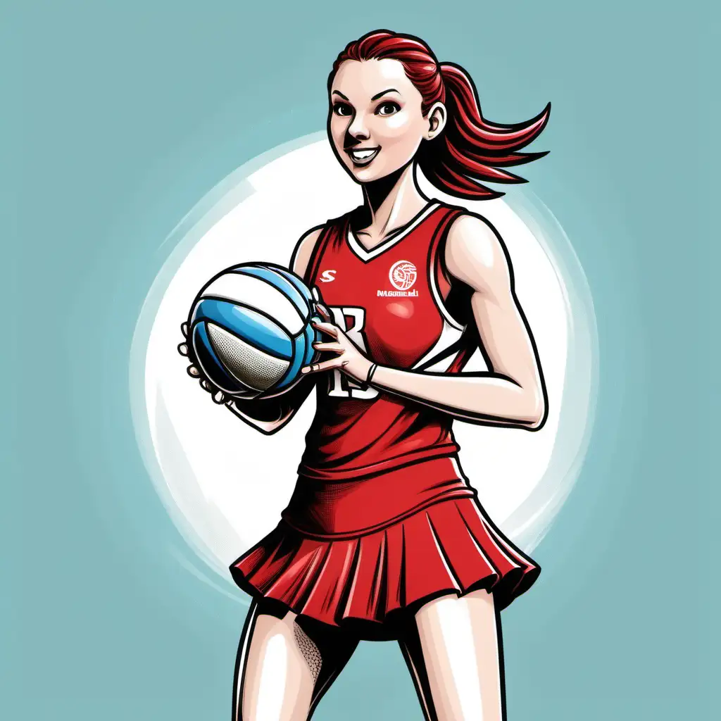Dynamic Cartoon Illustration of a Swift Netballer in Red Skirt with Netball