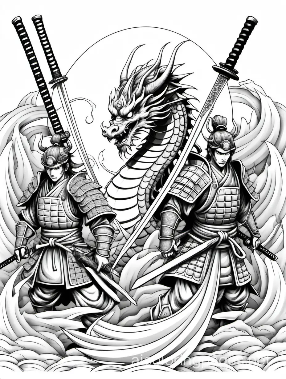 samurai swords and  fans and gojos dragons, Coloring Page, black and white, line art, white background, Simplicity, Ample White Space. The background of the coloring page is plain white to make it easy for young children to color within the lines. The outlines of all the subjects are easy to distinguish, making it simple for kids to color without too much difficulty