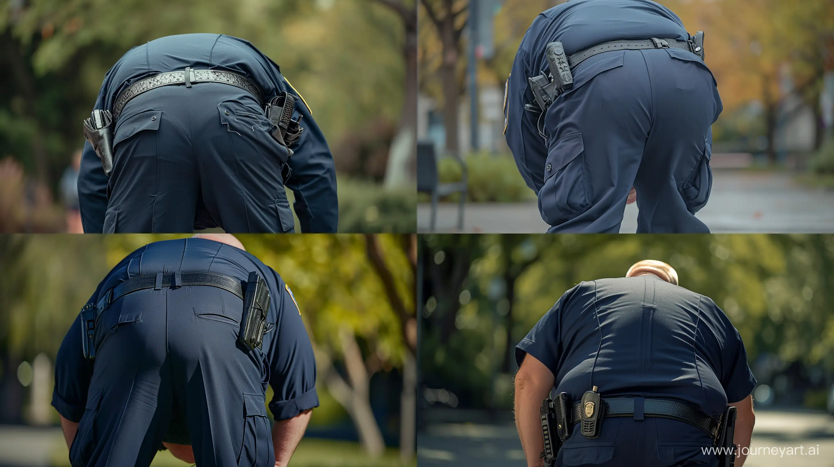 Back view portrait photo centered on the behind of a chubby man aged 70 wearing a navy police uniform. He is bending over. Black tactical belt. Outside. --style raw --ar 16:9 --v 6