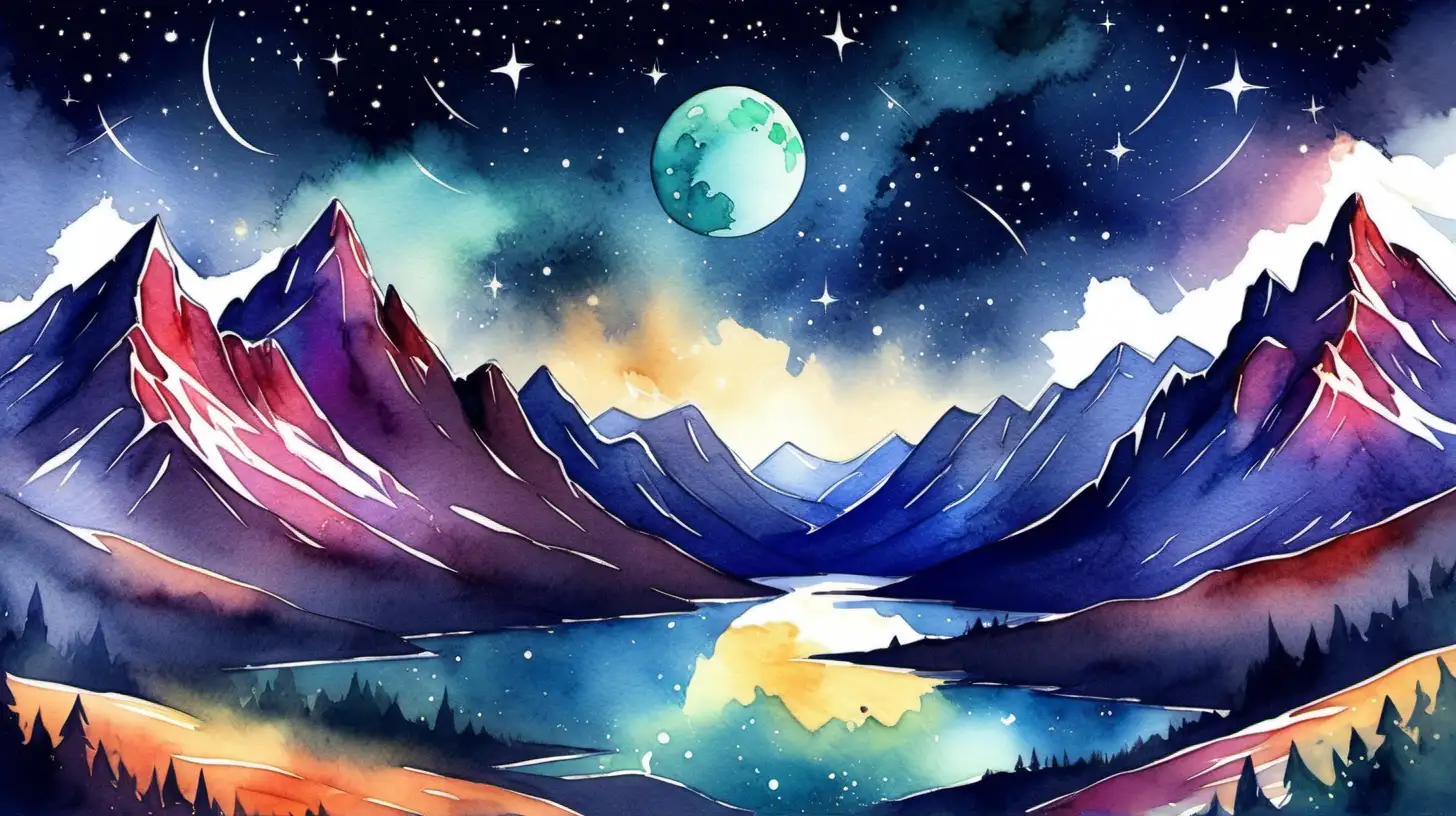 generate a book cover of an adventure, use watercolor style, use vibrant colors, beautiful mountains at night, many stars in the sky