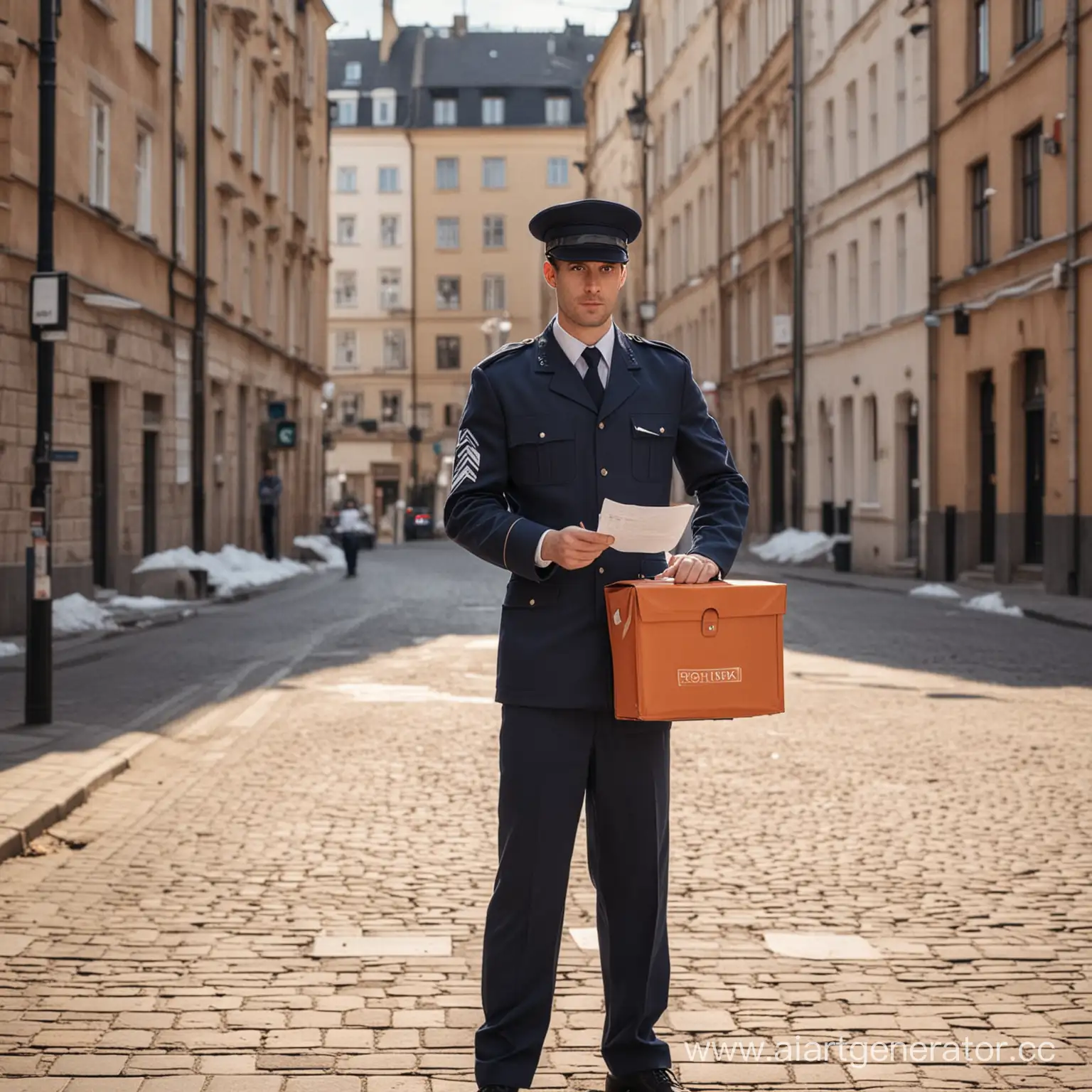 Confused-Postman-in-Uniform-Amid-Urban-Landscape