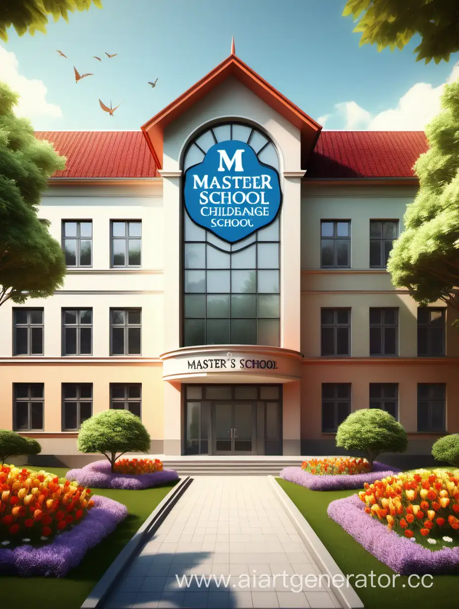 Логотип детской языковой школы Master School, расположенная на красивом ярком отдельно стоящем здании, вокруг деревья и цветы, реалистичный стиль