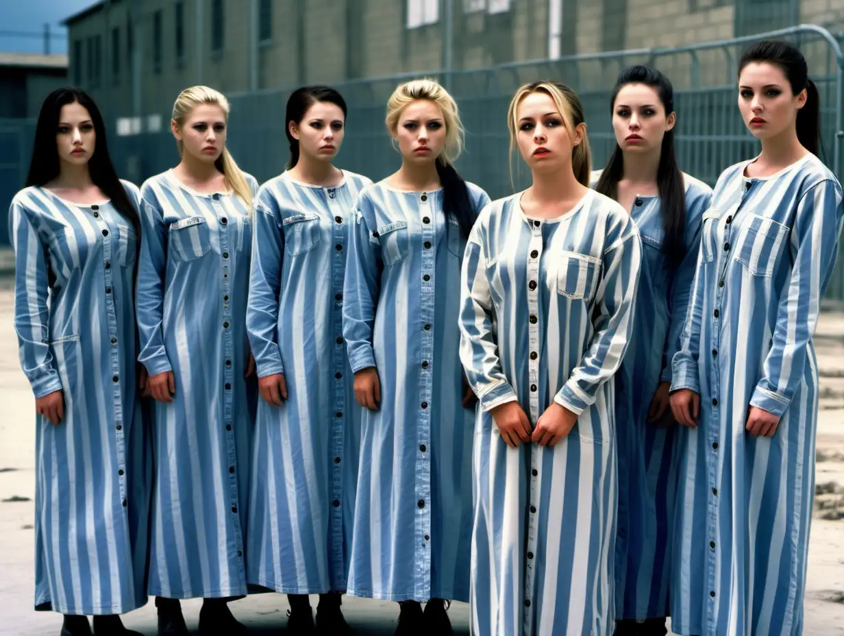 Group of busty prisoner women (20 years old) kneel lined up in a prisonyard (ready for inspection) in worn dirty blue-white vertical wide-striped longsleeve maxi-length buttoned prisonerdress (collarless, a big printed "478" label on chest pocket, brunette or Blonde short low pony hair, sad and ashamed), look into camera 