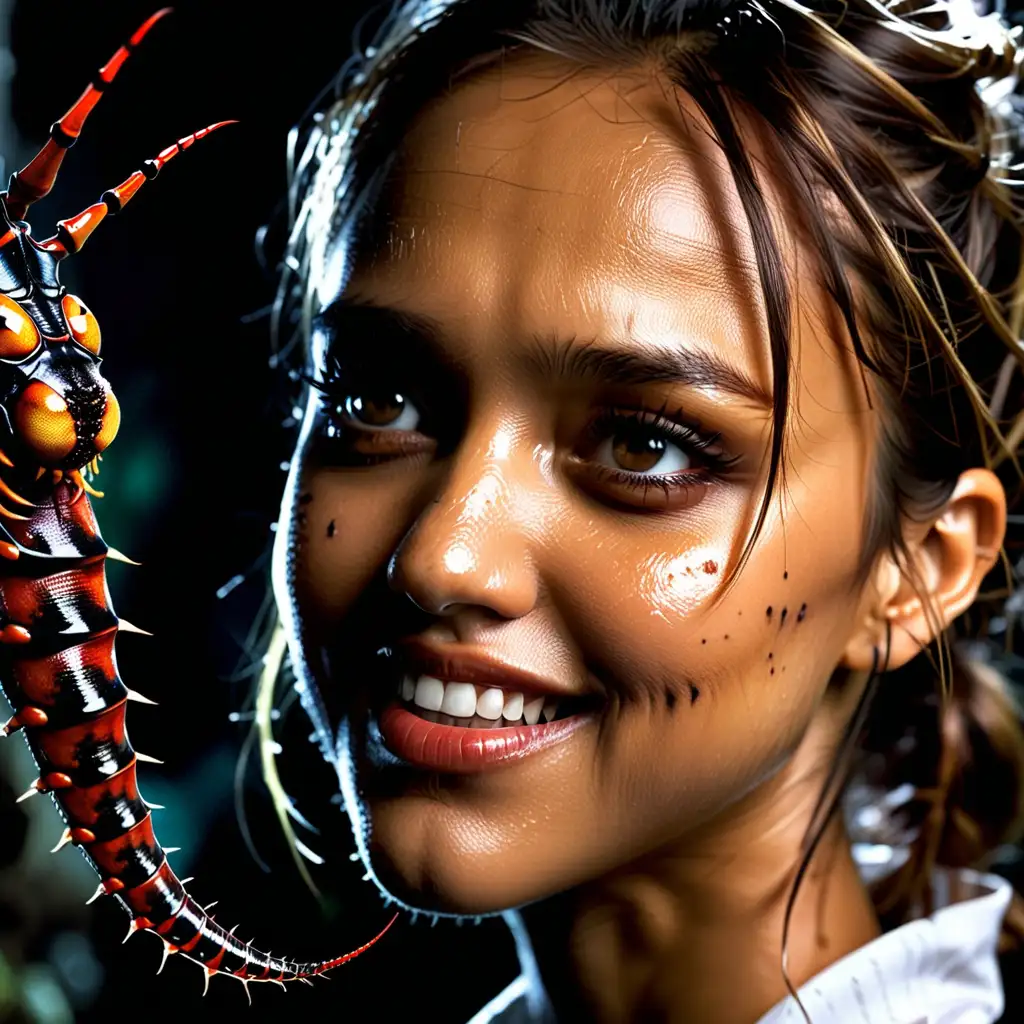 Closeup of Jessica alba staring out from the shadows with a malevolent smile as a centipede crawls across her face