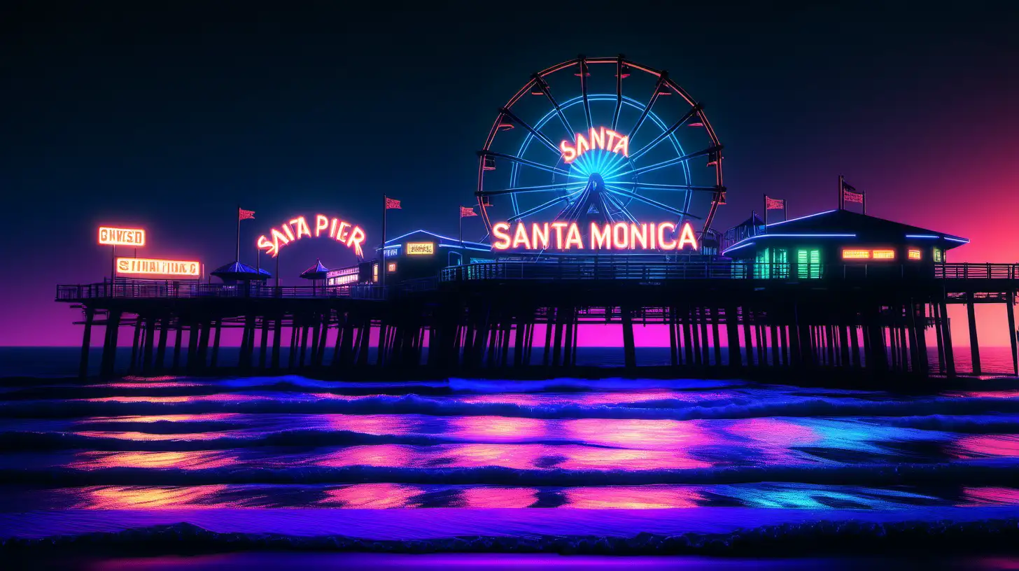 
a cyberpunk photorealistic style of the santa monica pier  at night scene with neon lights 