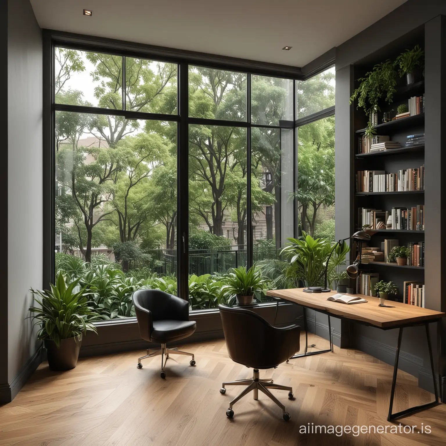 Interior design. Dark study room with indoor plants. Sophisticated space with oak floors. Second floor open with a library and chair above. Single glass pane window shows a city park outside. Classy, sophisticated, expensive.