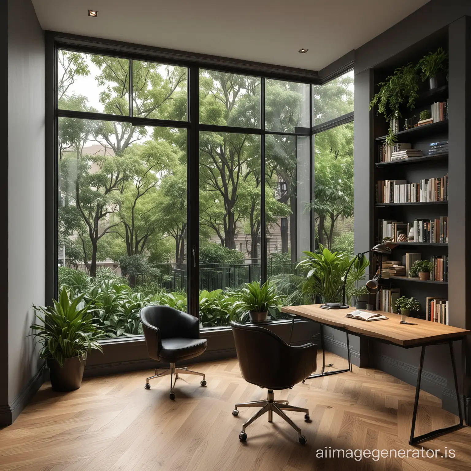 Interior design. Dark study room with indoor plants. Sophisticated space with oak floors. Second floor open with a library and chair above. Single glass pane window shows a city park outside. Classy, sophisticated, expensive. 