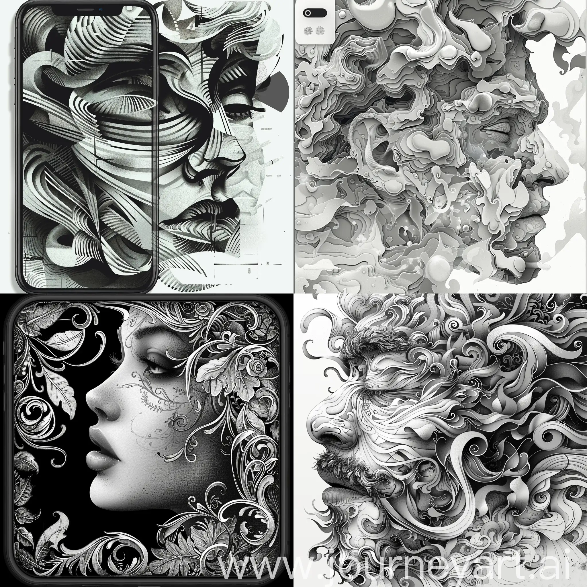 Create digital drawings on an iPhone using the artistic styles of Duffy Sheridan, J. Scott Campbell, monochromatic serenity, hyper-detailed illustrations, wavy compositions, Martin Rak, and a grayscale color palette. Apply the following parameters: aspect ratio 101:128, size 750 pixels, and use a brush size of 5.