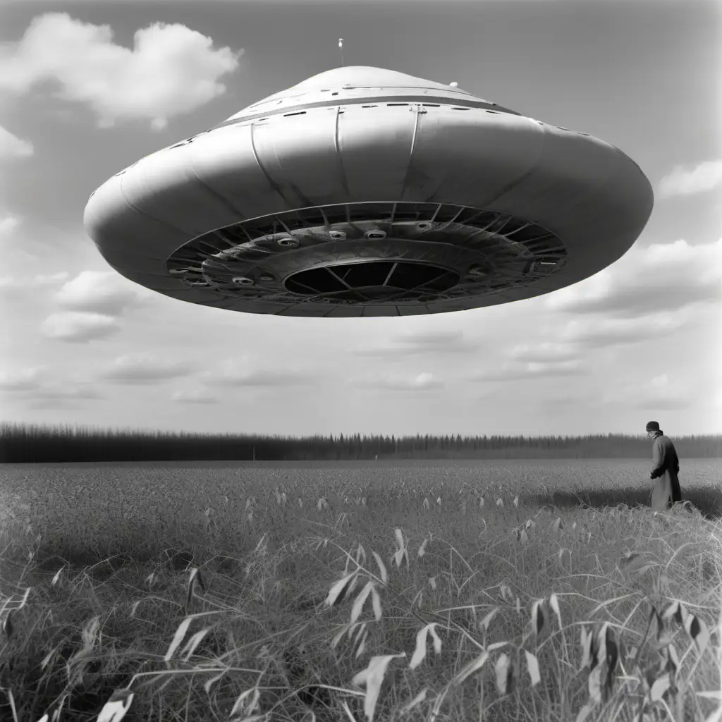 инопланетная тарелка лежит  на поле  на боку из нее вышли инопланетяне. соетском колхозе , чб фотография