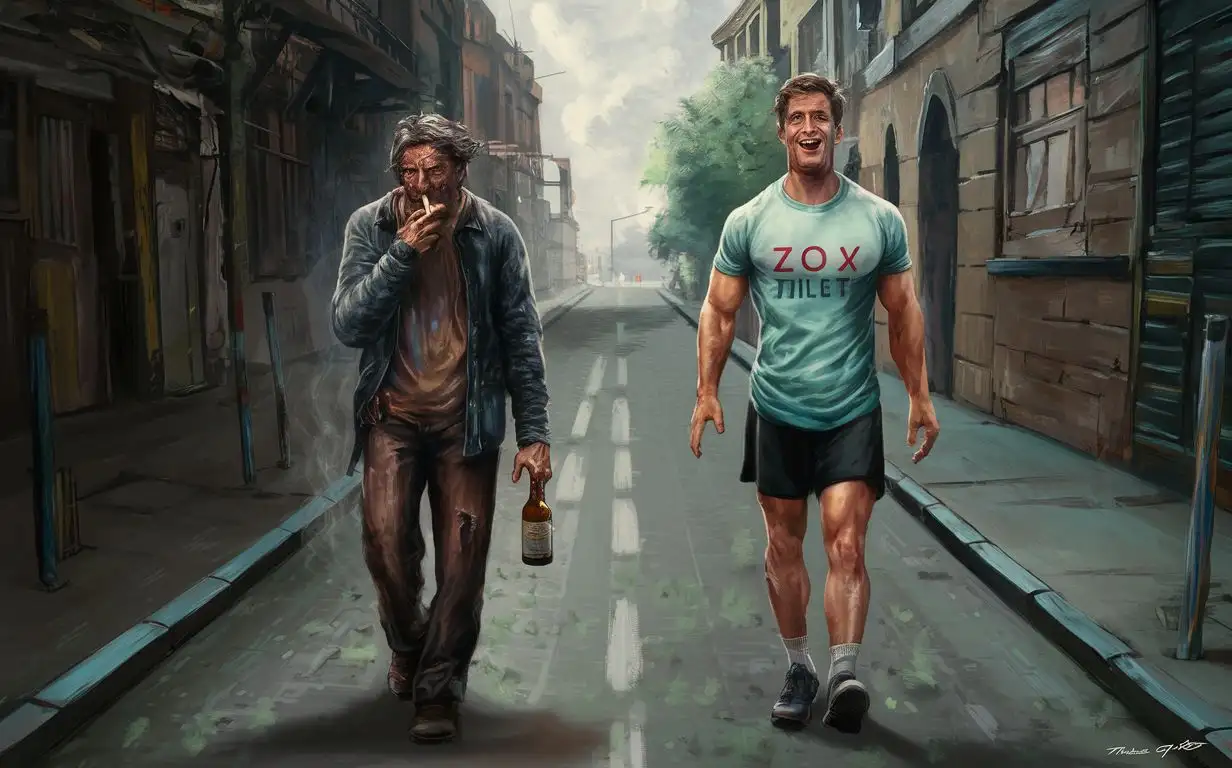 На улице идут два человека в разные стороны: один — алкоголик и курильщик с грустным лицом, другой — жизнерадостный атлет в футболке на русском с надписью 'ЗОЖ'.