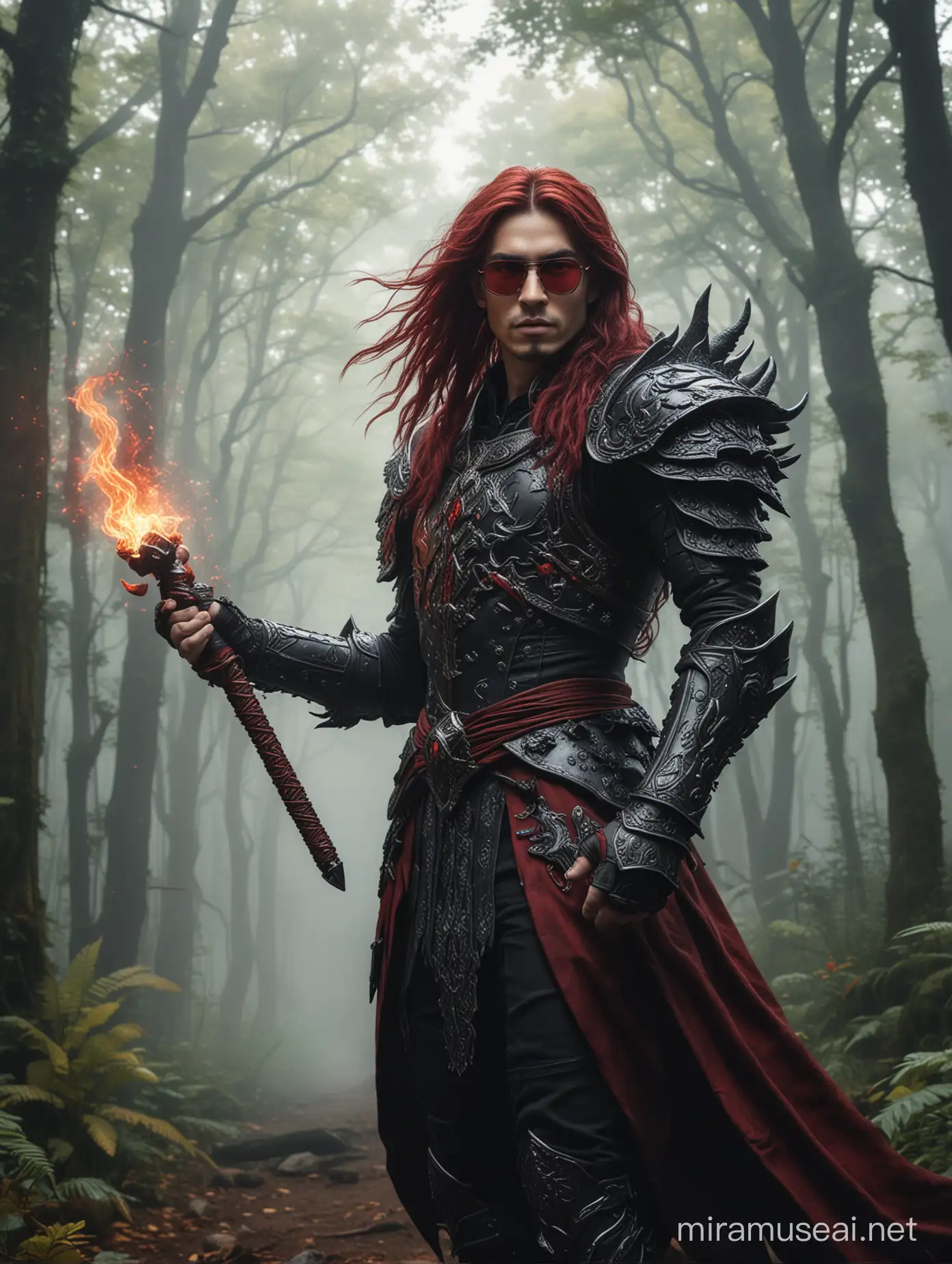 8K UHD, RAW, Goddess of dark magic. The picture shows a fantasy-themed image featuring a male figure long maroon hair, red glasses, with pronounced features in an elaborate black armor with paletina motifs. His left hand is raised, seemingly controlling a fiery dragon, which could symbolize power or a mystical bond with the creature. The background is a lush, misty forest that adds to the overall magical and mysterious atmosphere.