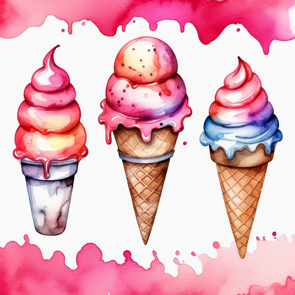 ice cream, handrawn, watercolor, clipart, colors to be hot pink, gradient