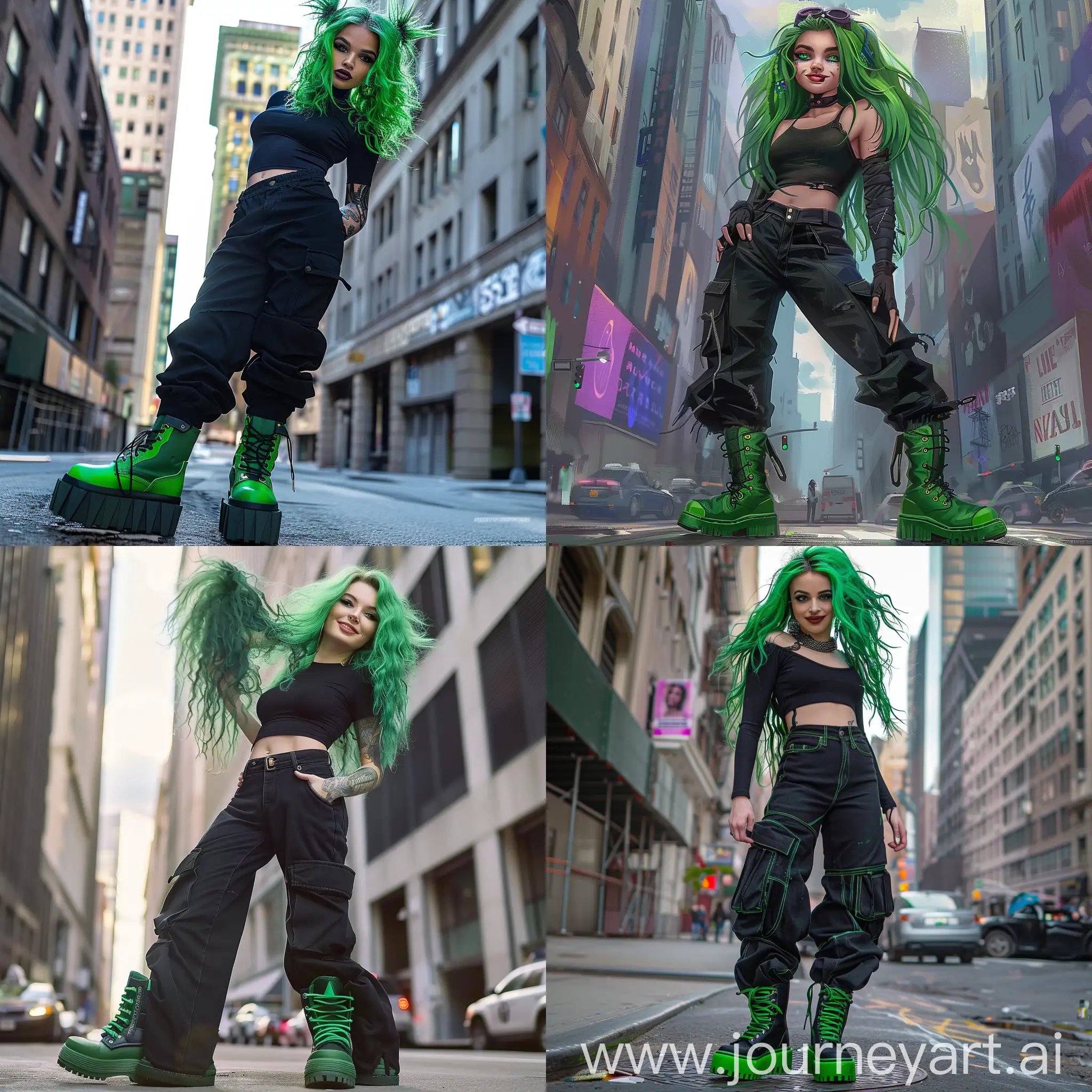 Confident-Woman-with-Messy-Green-Hair-in-Urban-Setting