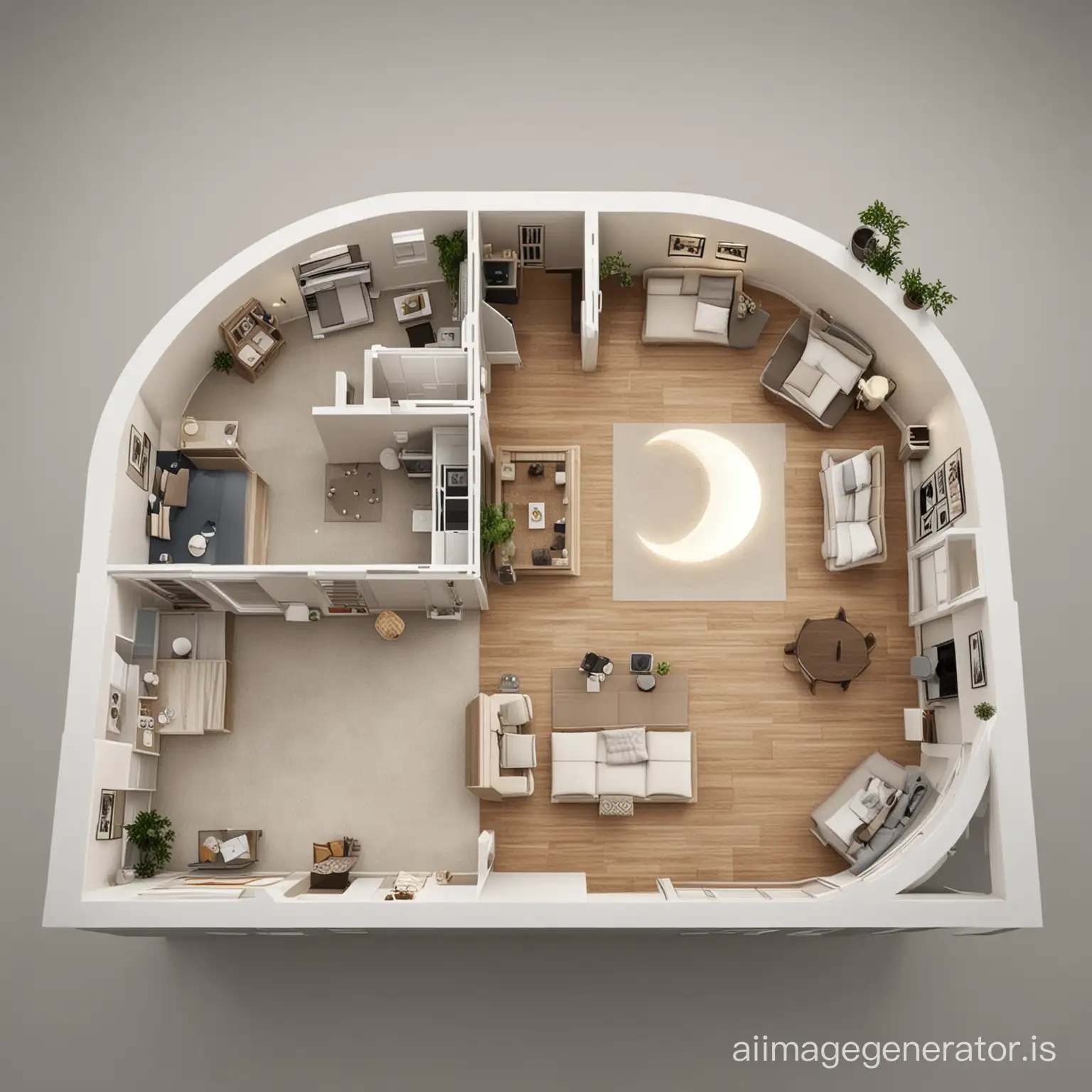 3D floor plan design for an apartment with a moon crescent shape